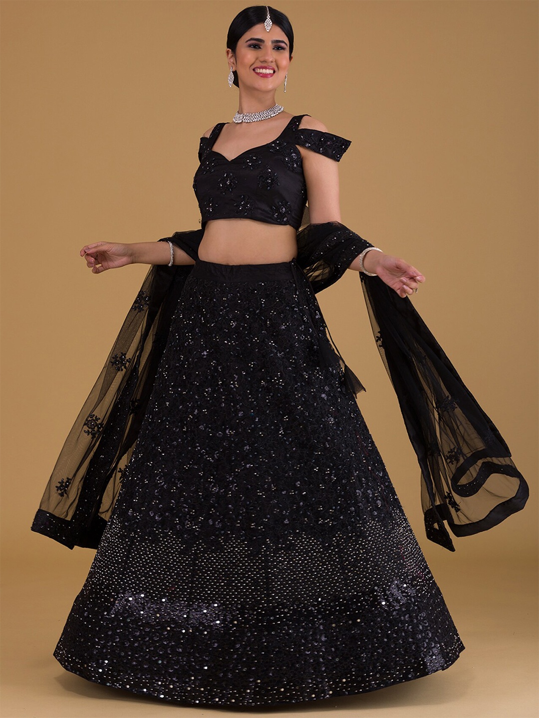 

Koskii Black Embellished Beads and Stones Semi-Stitched Lehenga & Unstitched Blouse With Dupatta