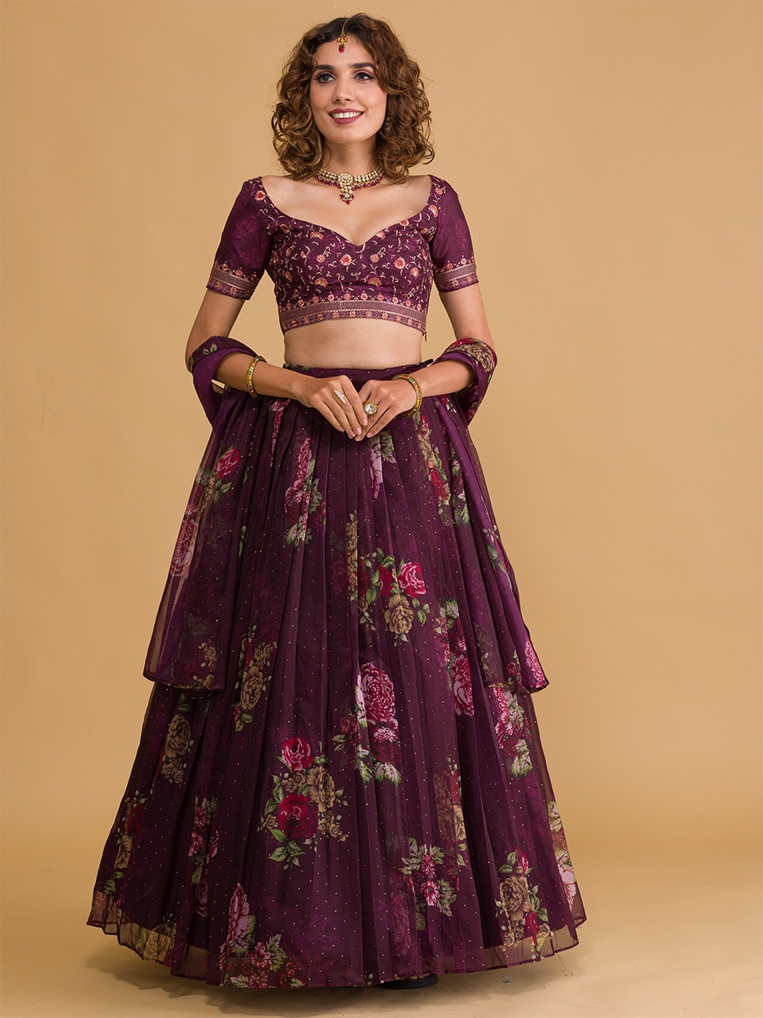 

Koskii Purple & Green Embroidered Beads and Stones Semi-Stitched Lehenga & Unstitched Blouse With Dupatta