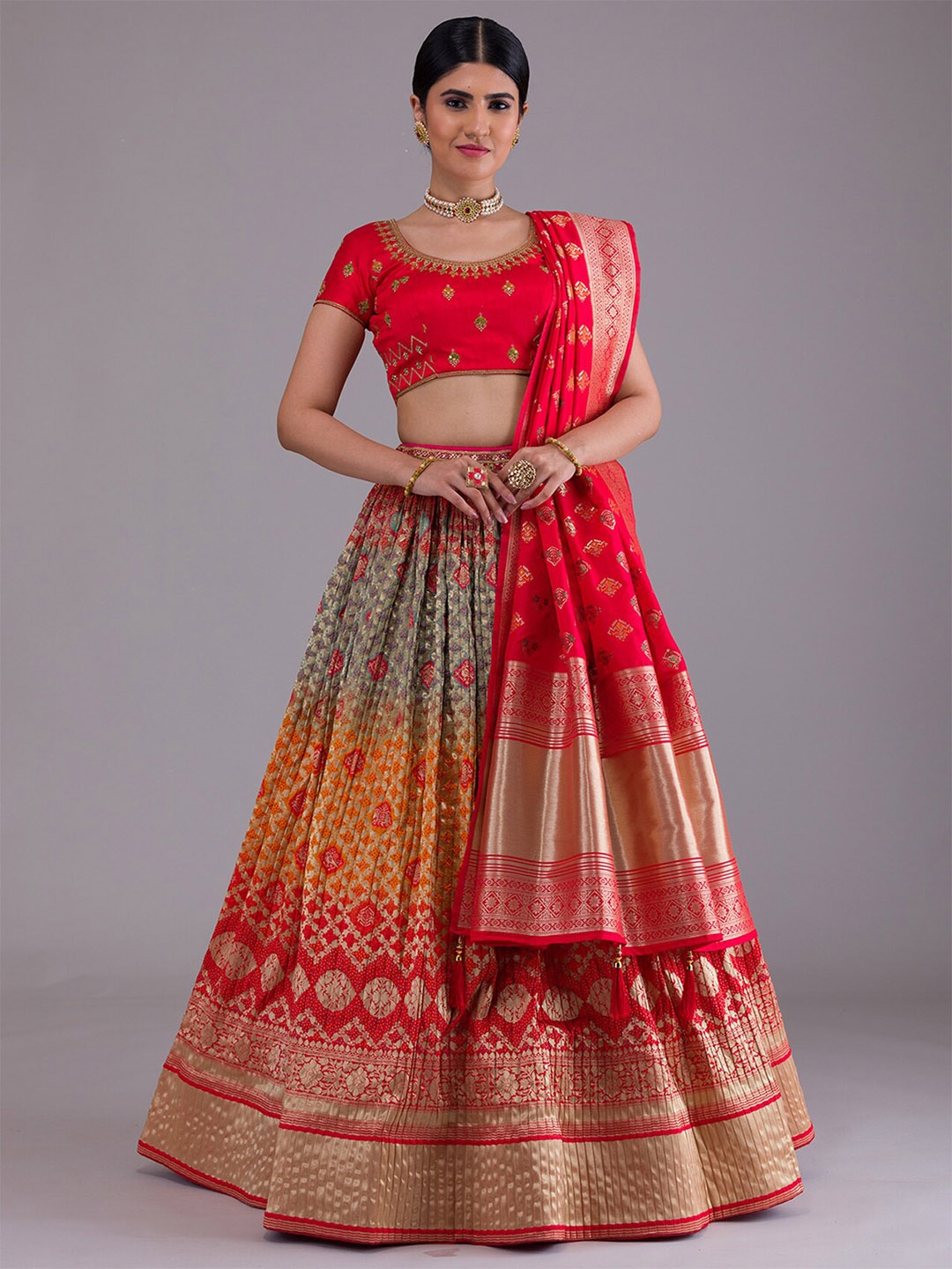 

Koskii Red & Gold-Toned Semi-Stitched Lehenga & Unstitched Blouse With Dupatta