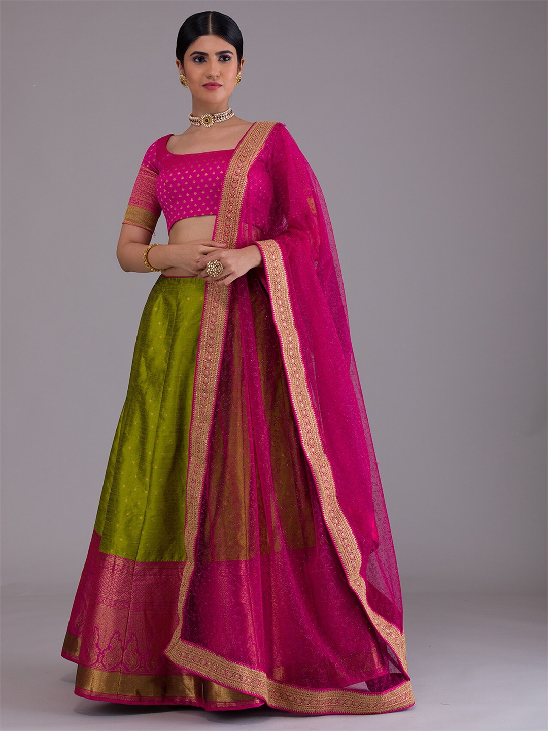 

Koskii Green & Pink Semi-Stitched Lehenga & Unstitched Blouse With Dupatta