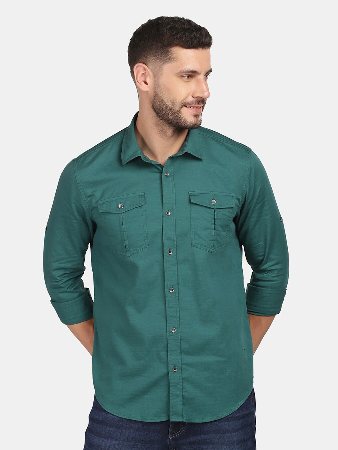 

Blackberrys Men Green Cotton Slim Fit Casual Shirt