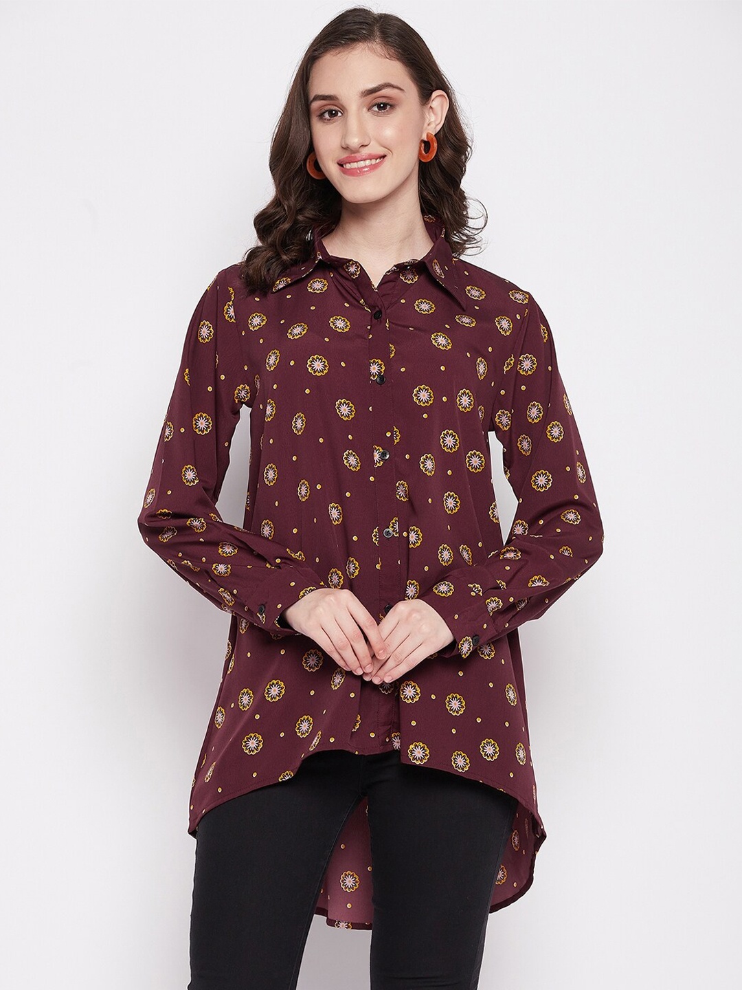 

Fashfun Maroon Print Shirt Style Longline Top