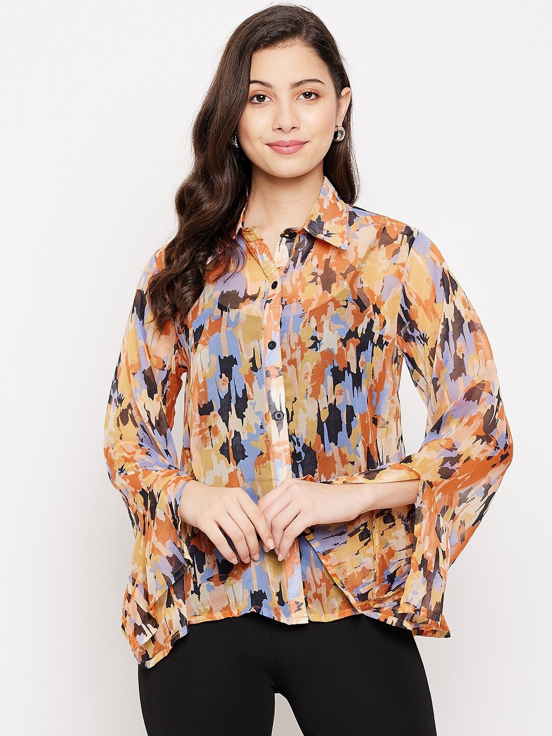 

Fashfun Relaxed Semi Sheer Printed Casual Shirt, Beige