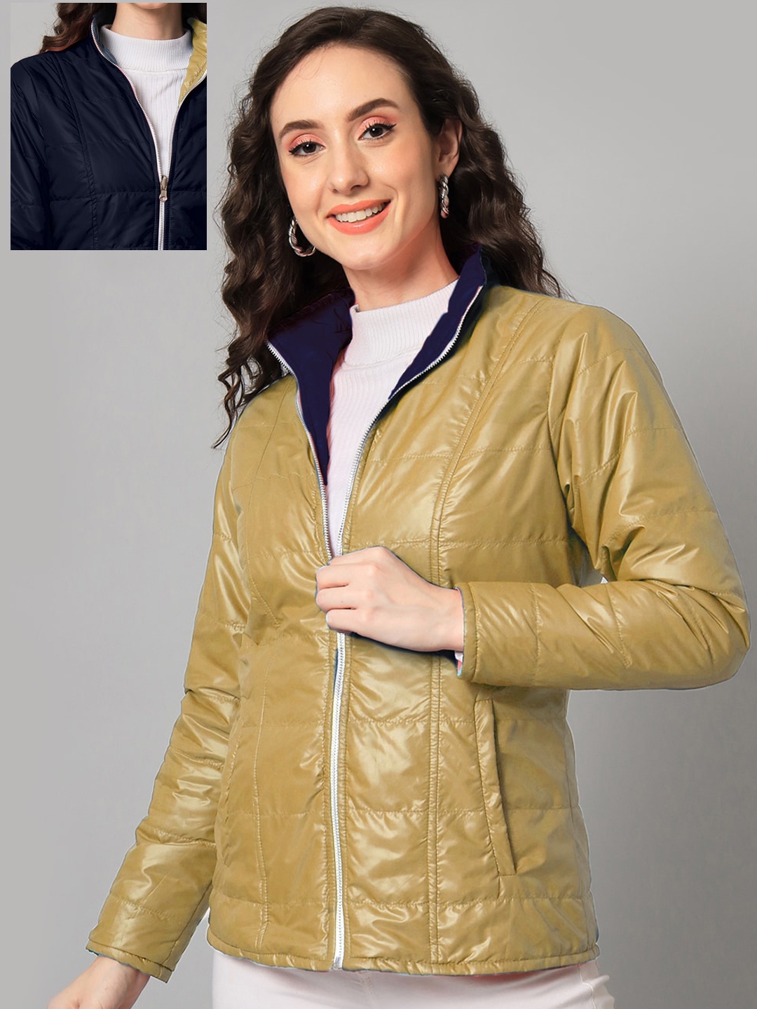 

PURYS Women Mustard Yellow & Navy Blue Reversible Padded Jacket