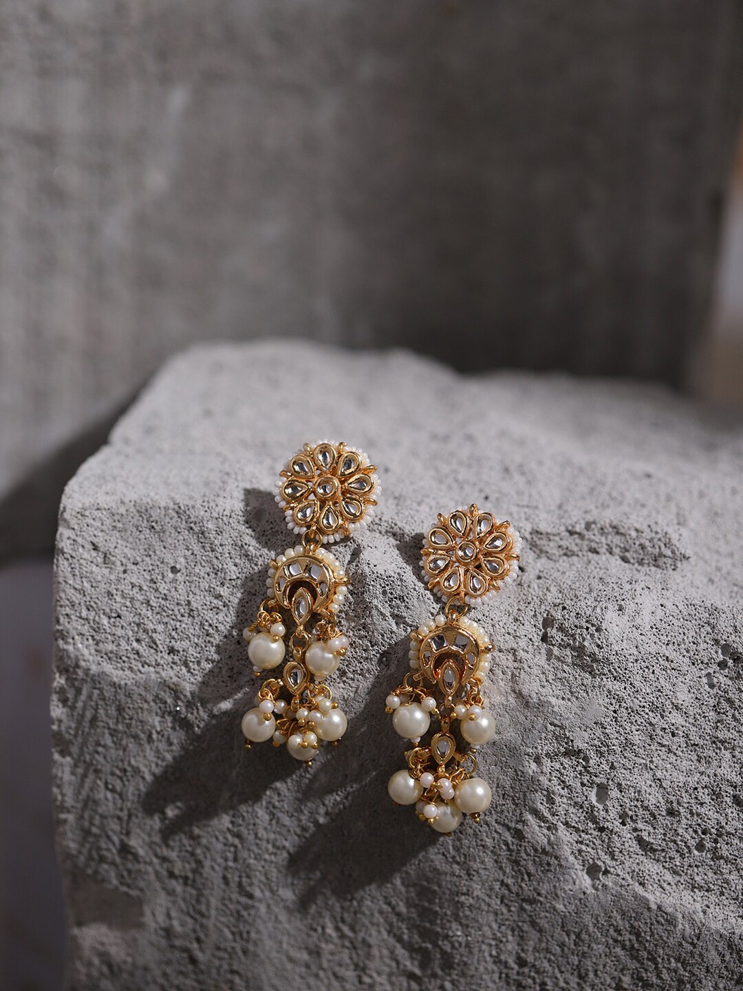 

Ruby Raang Gold-Toned & White Pearl Beaded Contemporary Gold-Plated Jhumkas Earrings