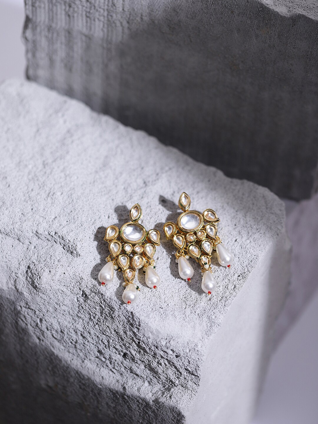 

Ruby Raang Gold-Toned & White Contemporary Gold-Plated Drop Earrings