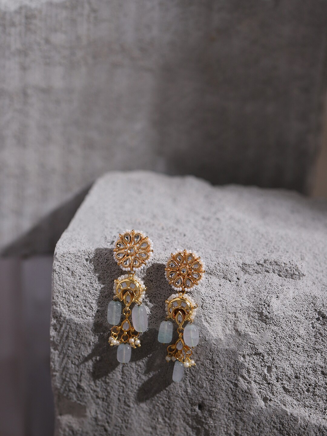 

Ruby Raang Gold-Toned & White Kundan Contemporary Gold-Plated Drop Earrings