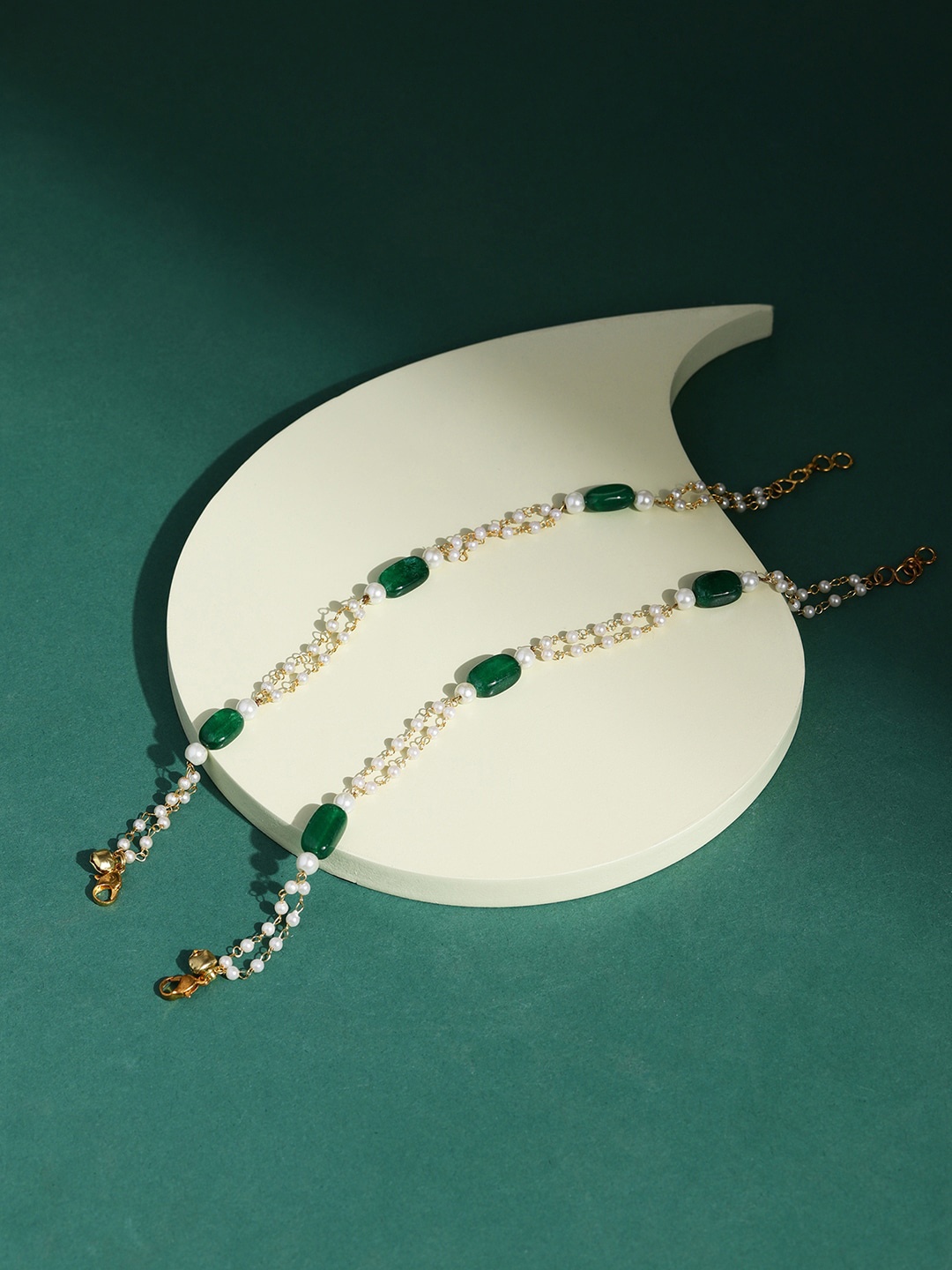 

Ruby Raang Gold-Plated White & Green Pearl Beaded Anklets