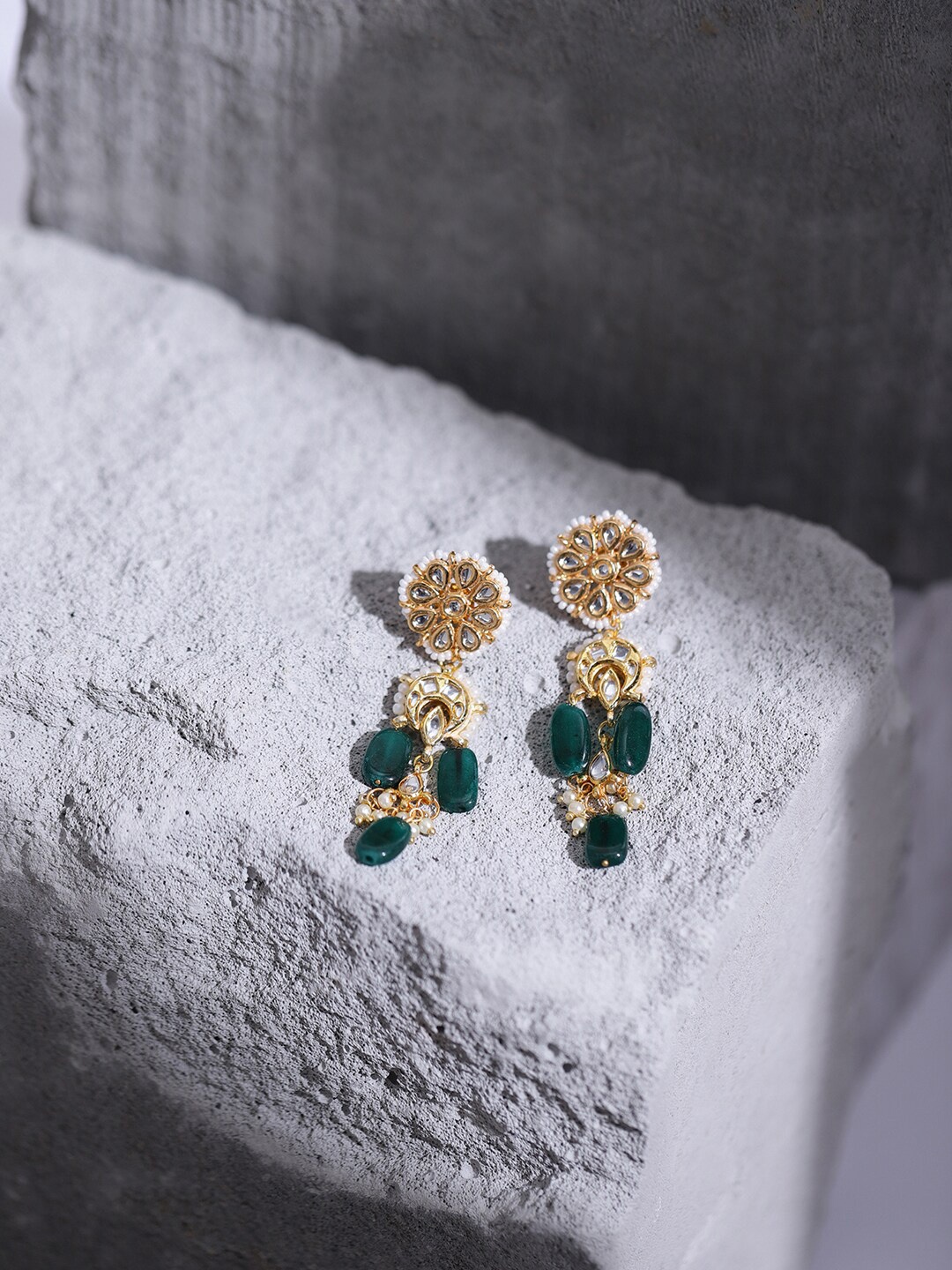 

Ruby Raang Gold-Toned & White Kundan Contemporary Gold-Plated Drop Earrings