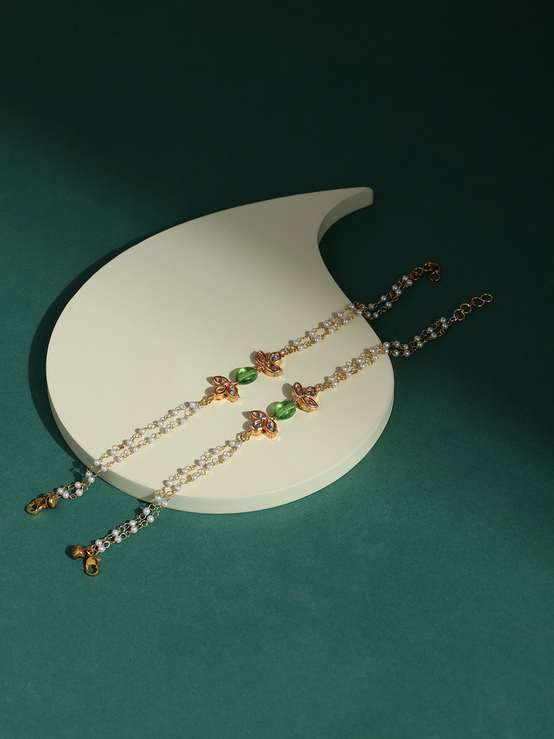 

Ruby Raang Set Of 2 Gold Plated Green & White Kundan & Beads Anklet