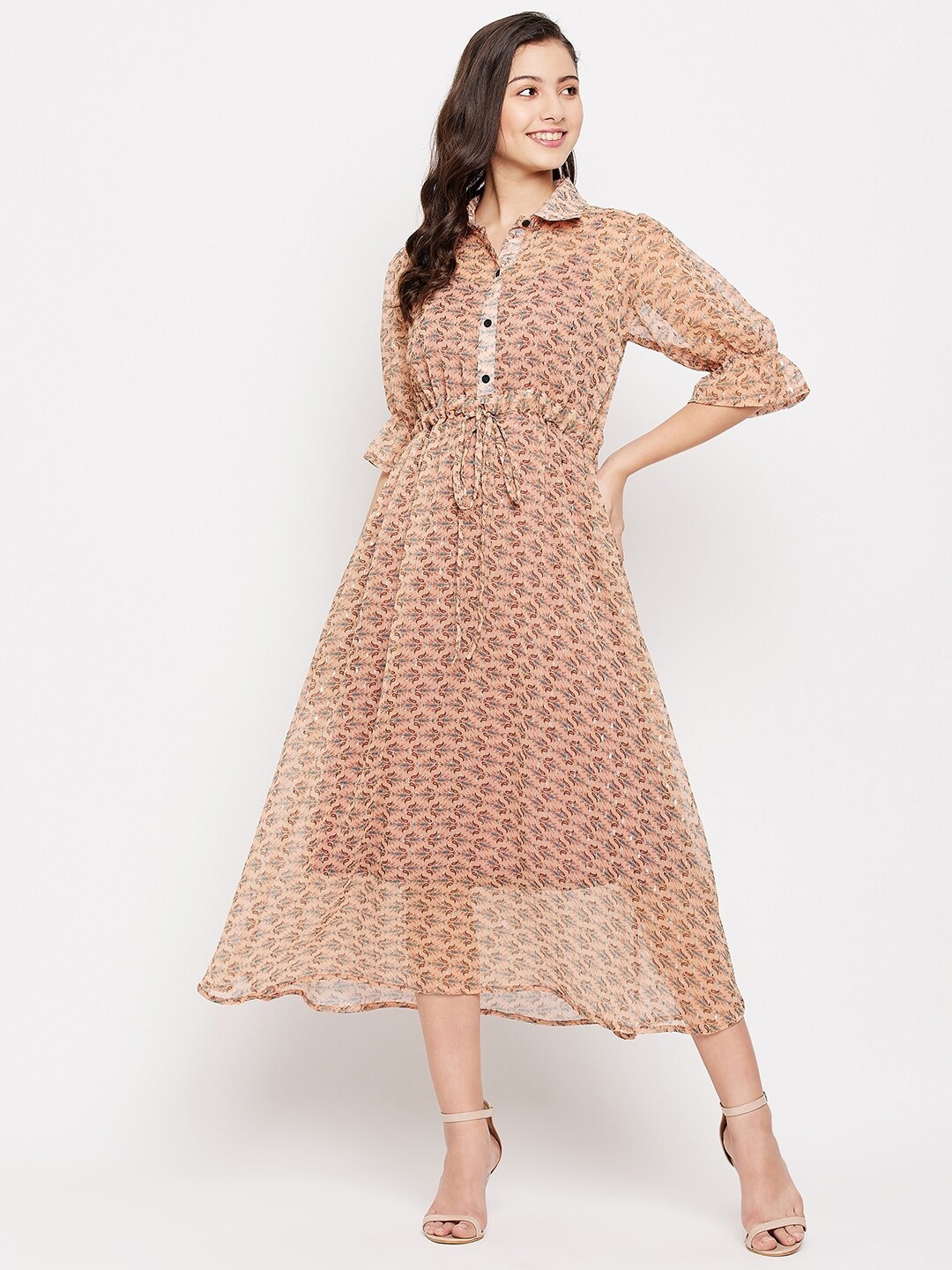 

Fashfun Peach-Coloured Ethnic Motifs Georgette Midi Dress