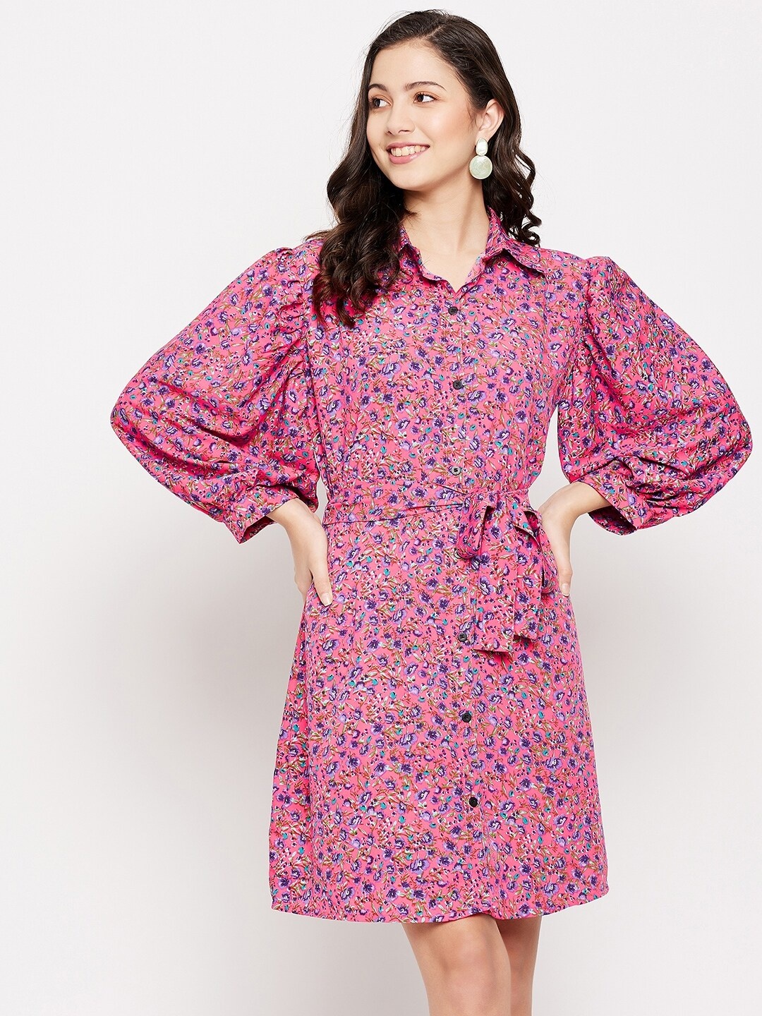 

Fashfun Pink Floral Crepe Shirt Dress