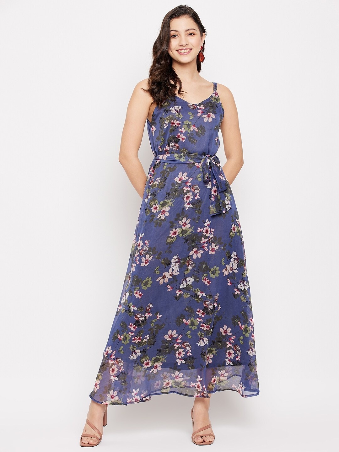 

Fashfun Navy Blue Floral Chiffon Maxi Maxi Dress