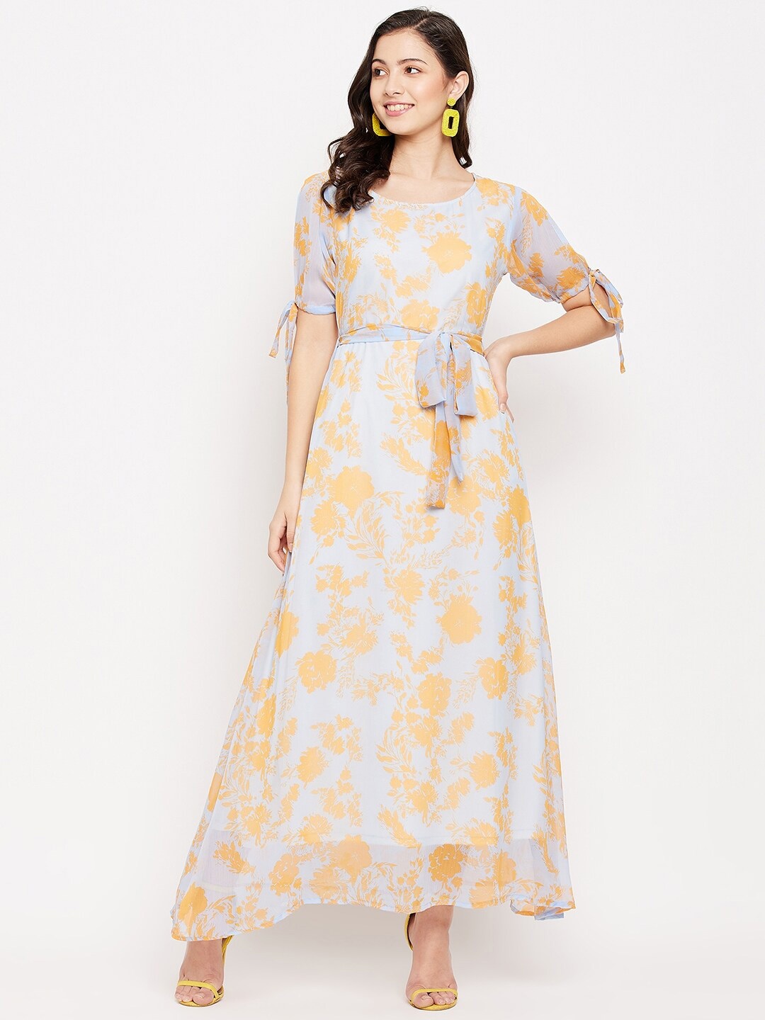 

Fashfun Blue & Orange Floral Chiffon Maxi Dress