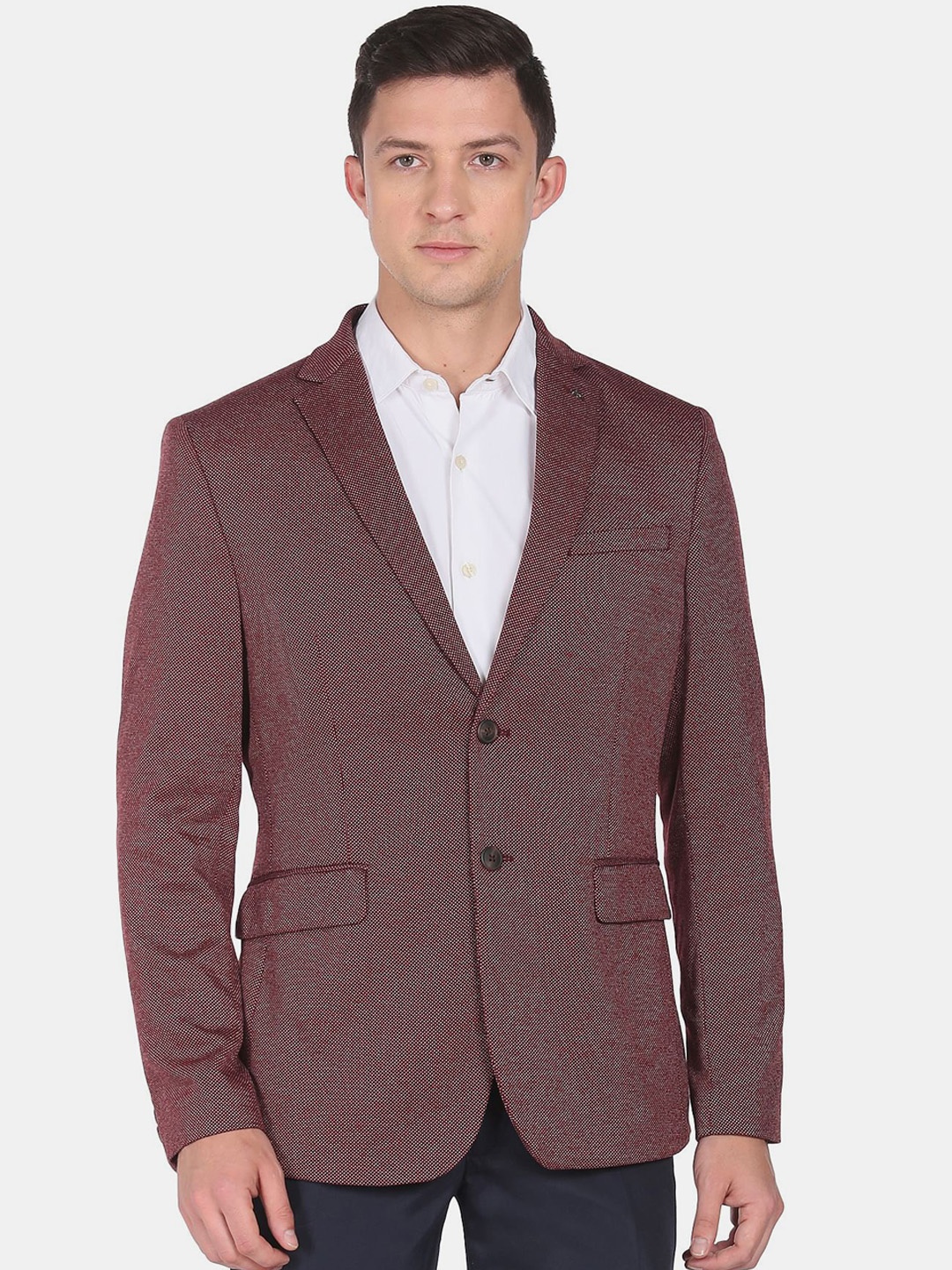 

Arrow Men Maroon Self Design Slim-Fit Single-Breasted Formal Blazers