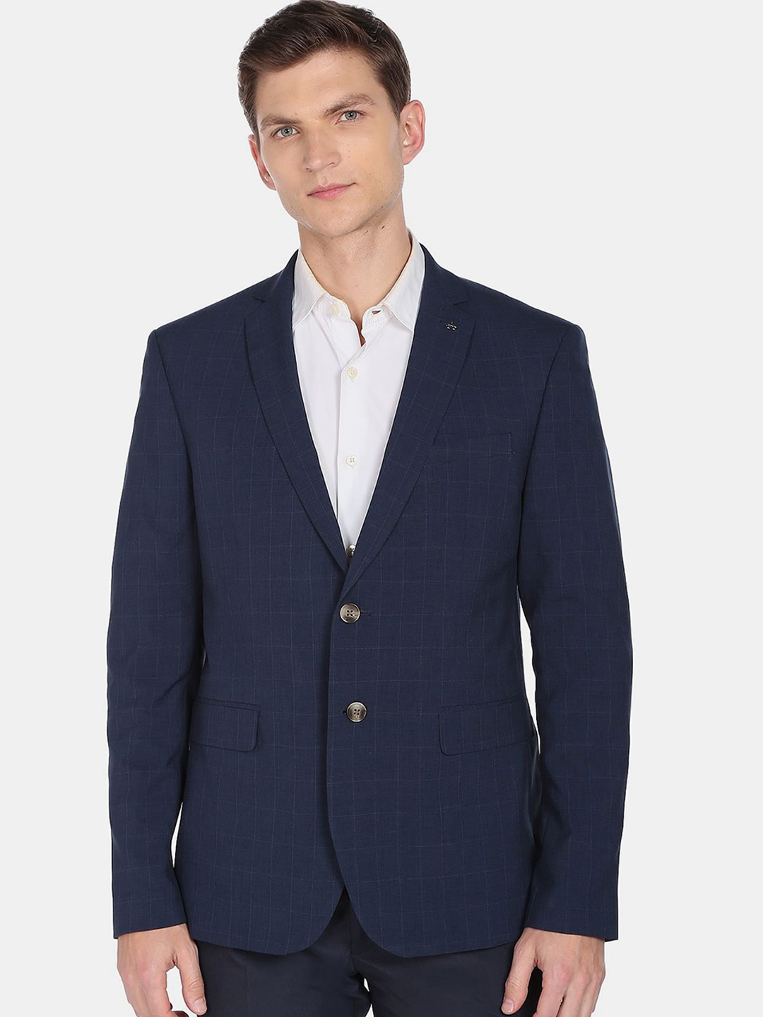 

Arrow Men Navy Blue Checked Single-Breasted Formal Blazer