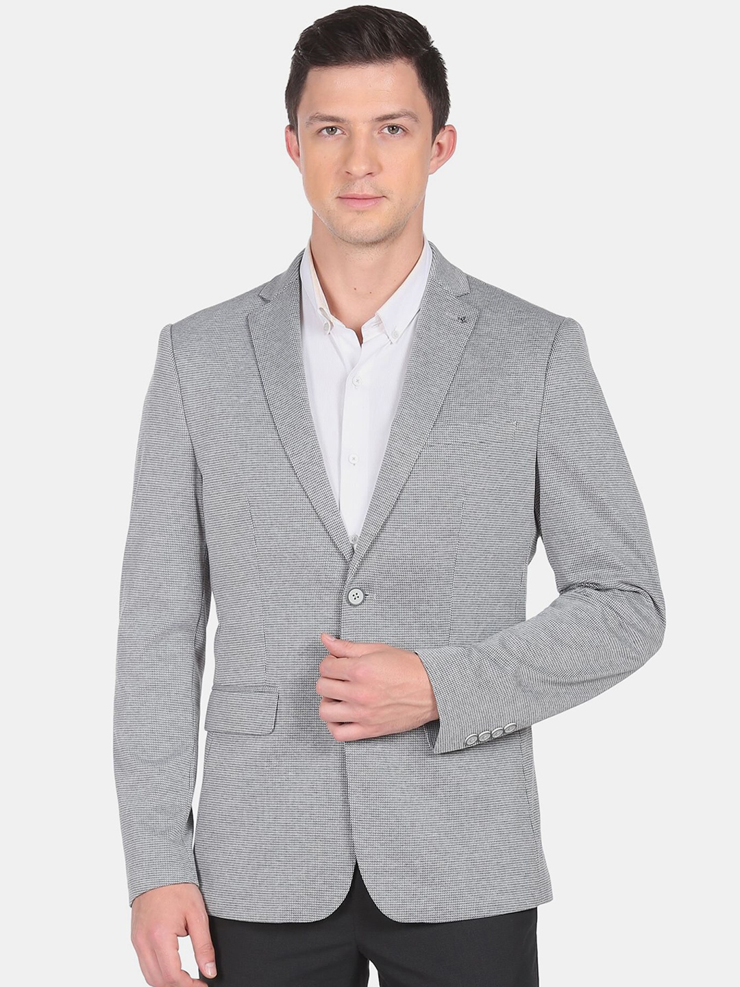 

Arrow Men Grey Self Design Slim-Fit Single-Breasted Blazer