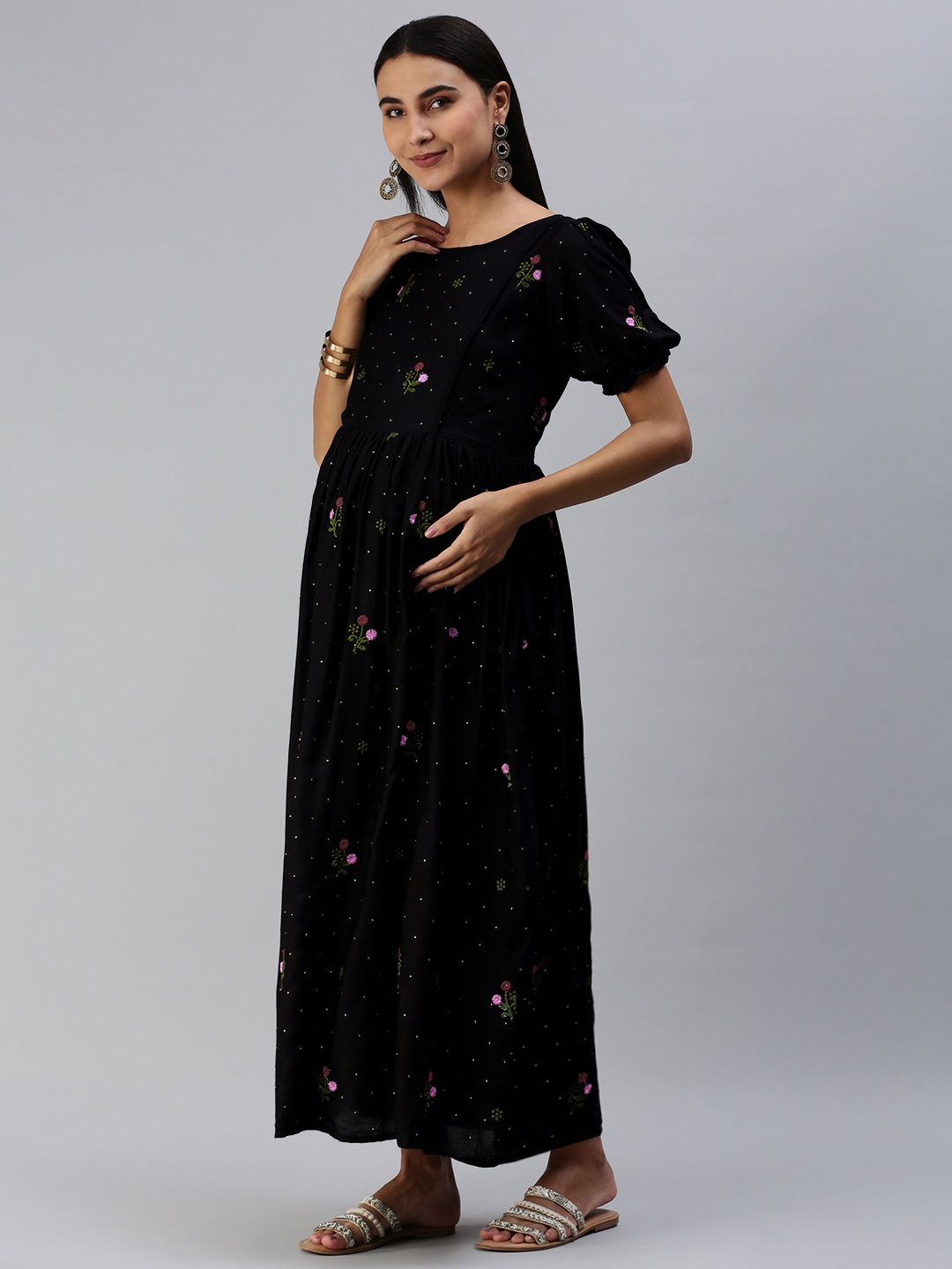 

Swishchick Black Floral Embroidered Maternity Maxi Dress