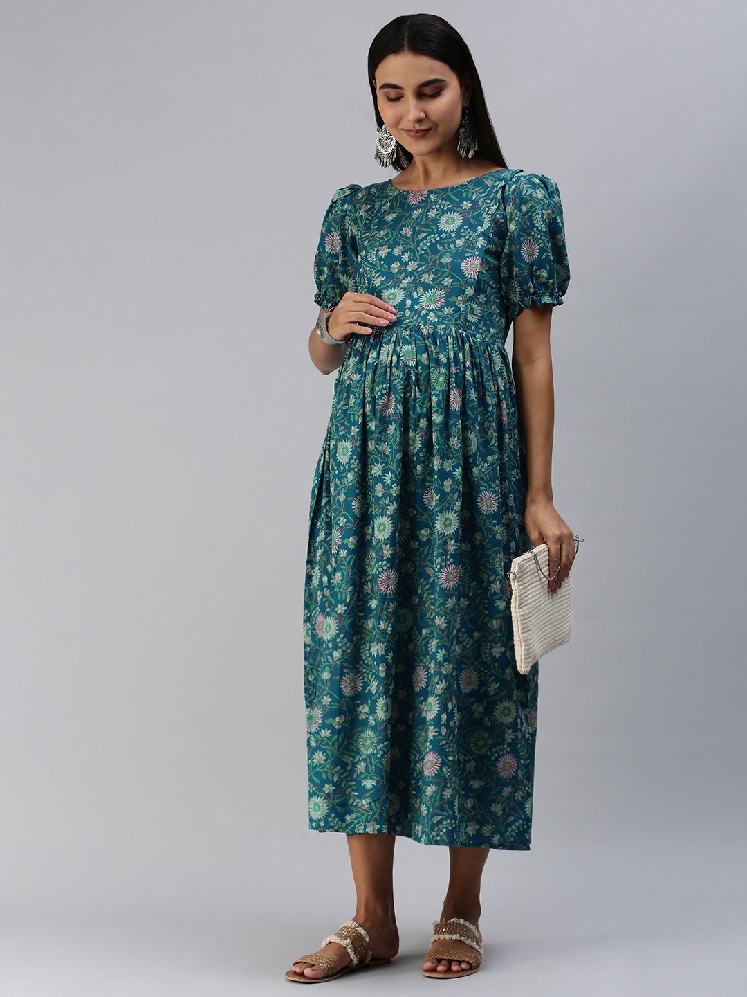 

Swishchick Blue & Green Floral Print Maternity Midi Dress