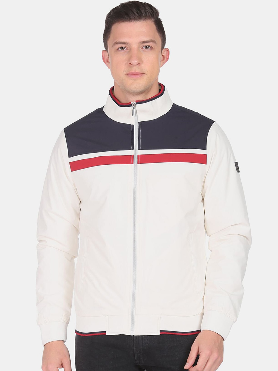 

Arrow Sport Men White & Navy Blue Colourblocked Bomber Jacket