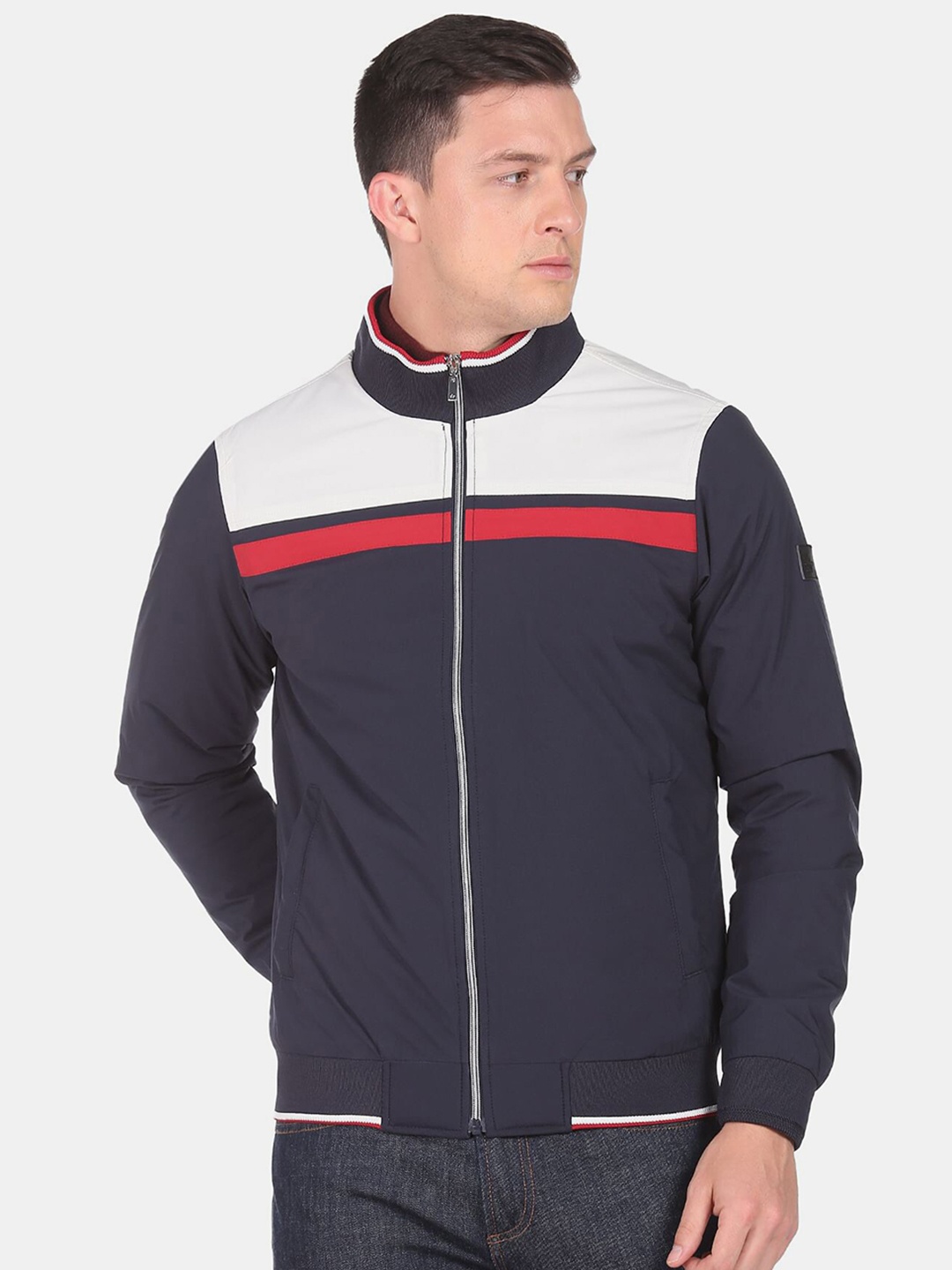 

Arrow Sport Men Navy Blue & White Colourblocked Bomber Jacket