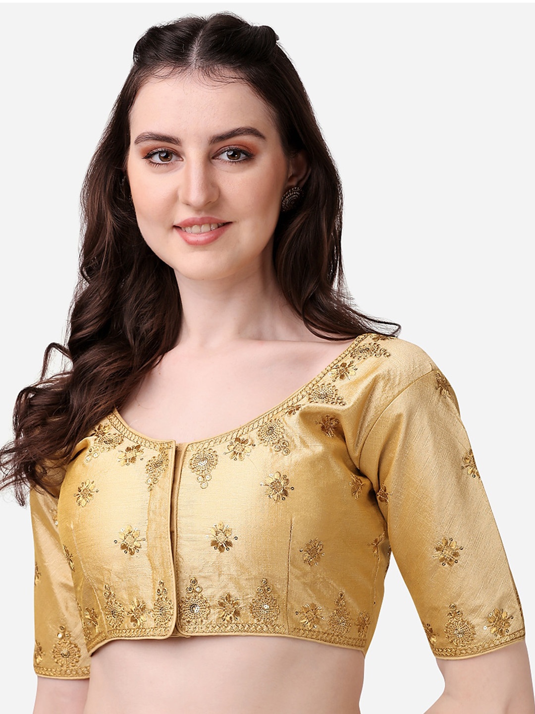 

Sumaira Tex Golden Embroidered Silk Saree Blouse, Gold