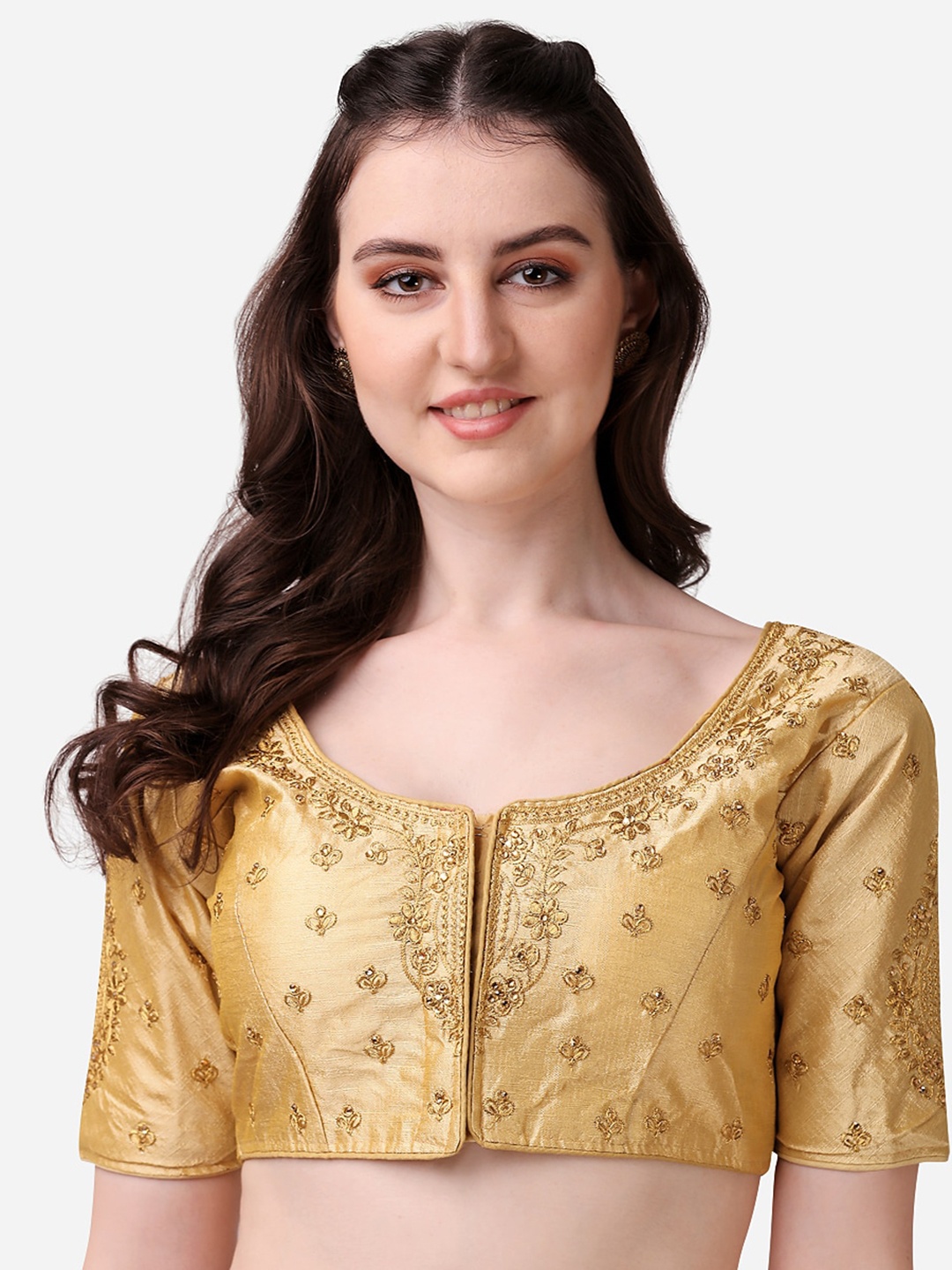 

Sumaira Tex Golden Embroidered Silk Readymade Saree Blouse, Gold