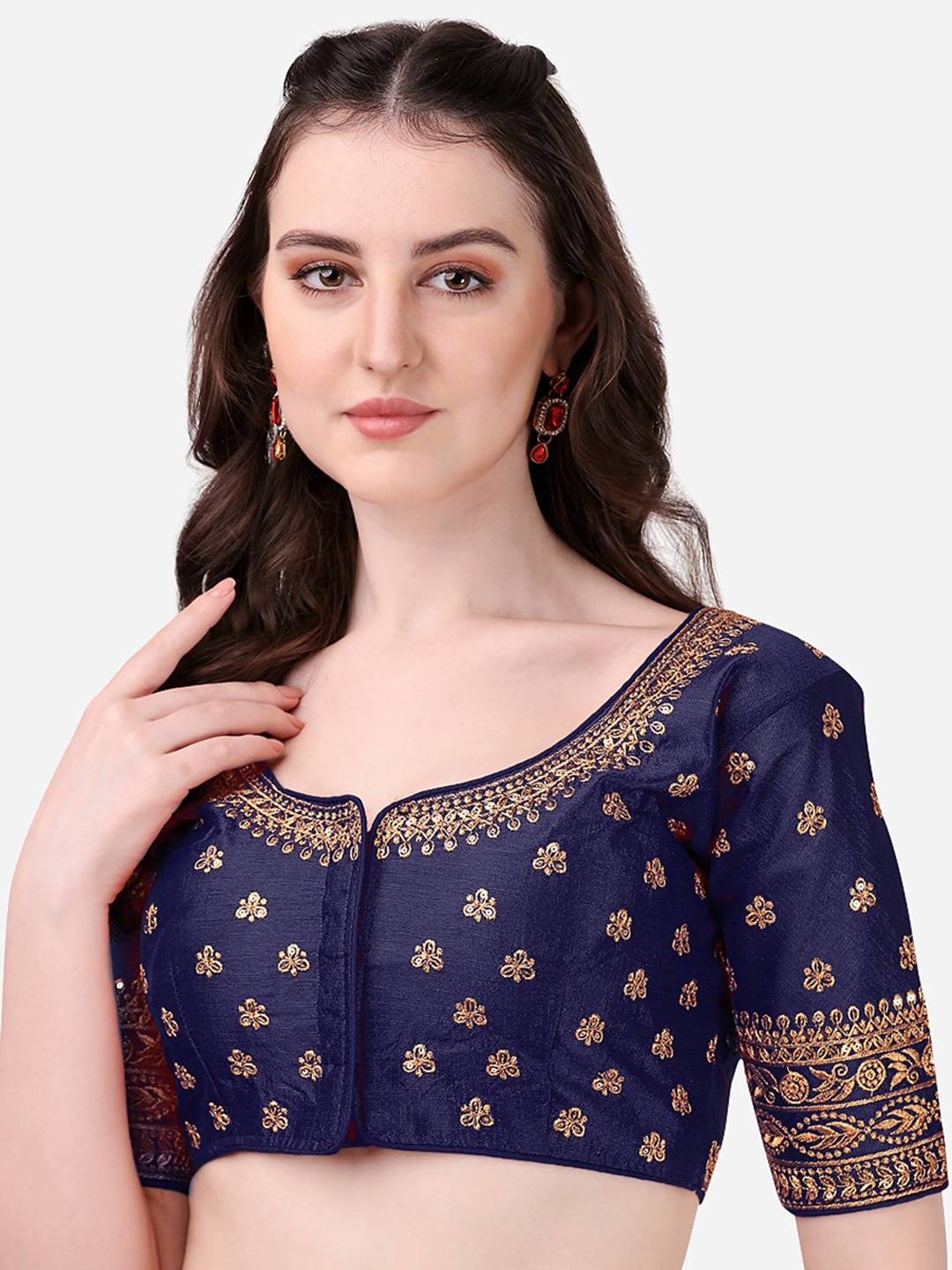 

Sumaira Tex Women Navy Blue Embroidered Silk Saree Blouse