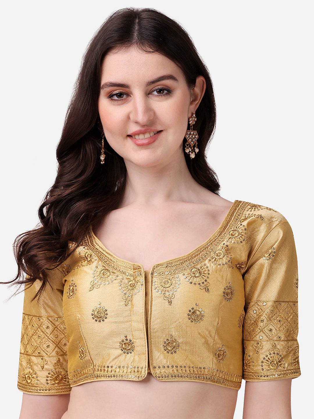 

Sumaira Tex Gold-Coloured Embroidered Saree Blouse