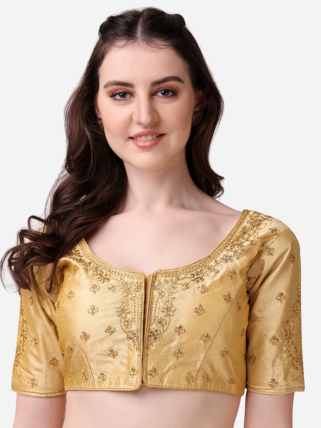 

Sumaira Tex Gold-Coloured Embroidered Readymade Saree Blouse