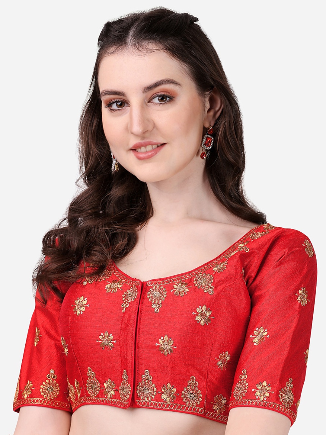 

Sumaira Tex Red & Golden Embroidered Silk Readymade Saree Blouse