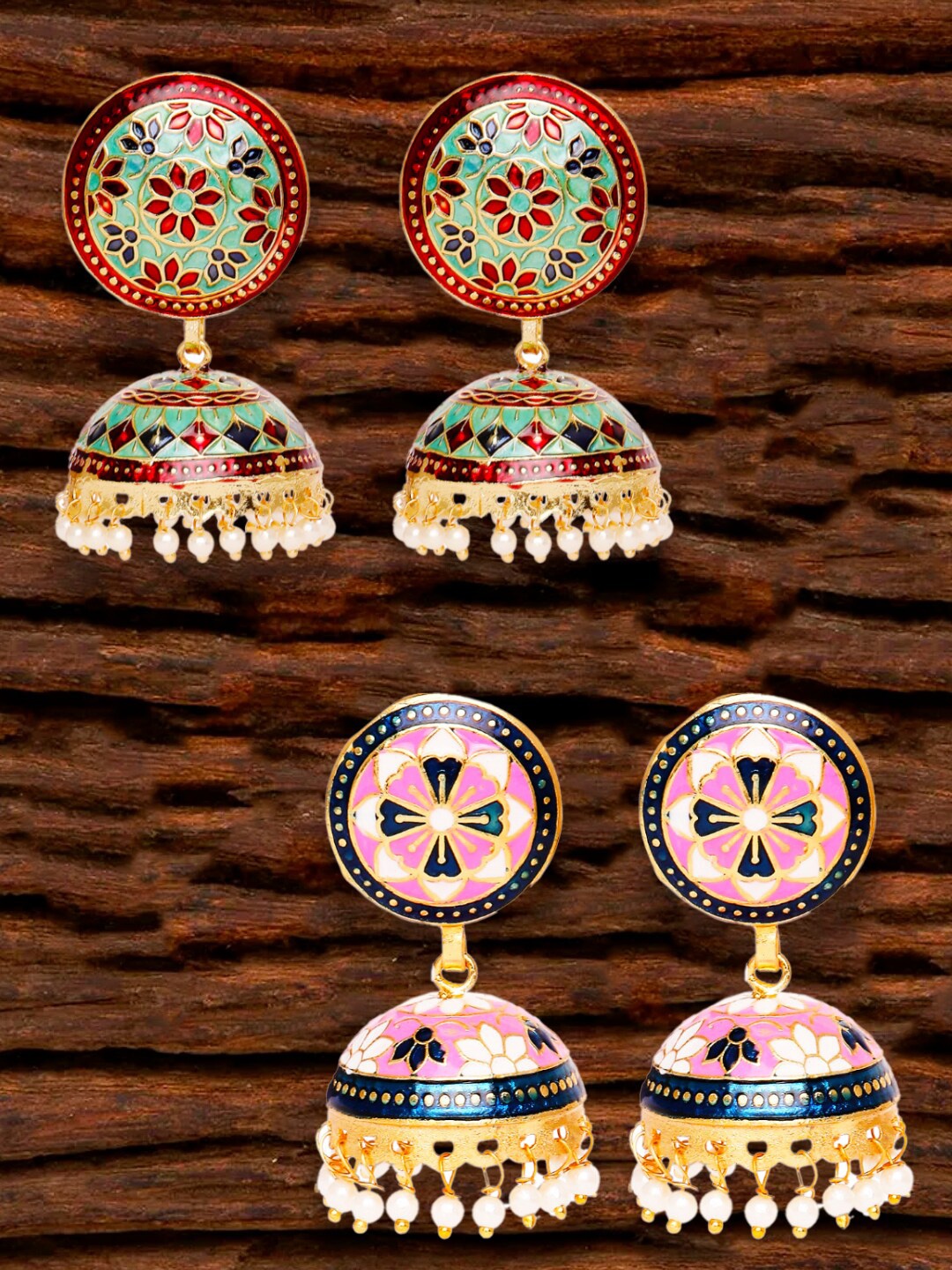

OOMPH Green & Pink Pack Of 2 Floral Jhumkas Earrings