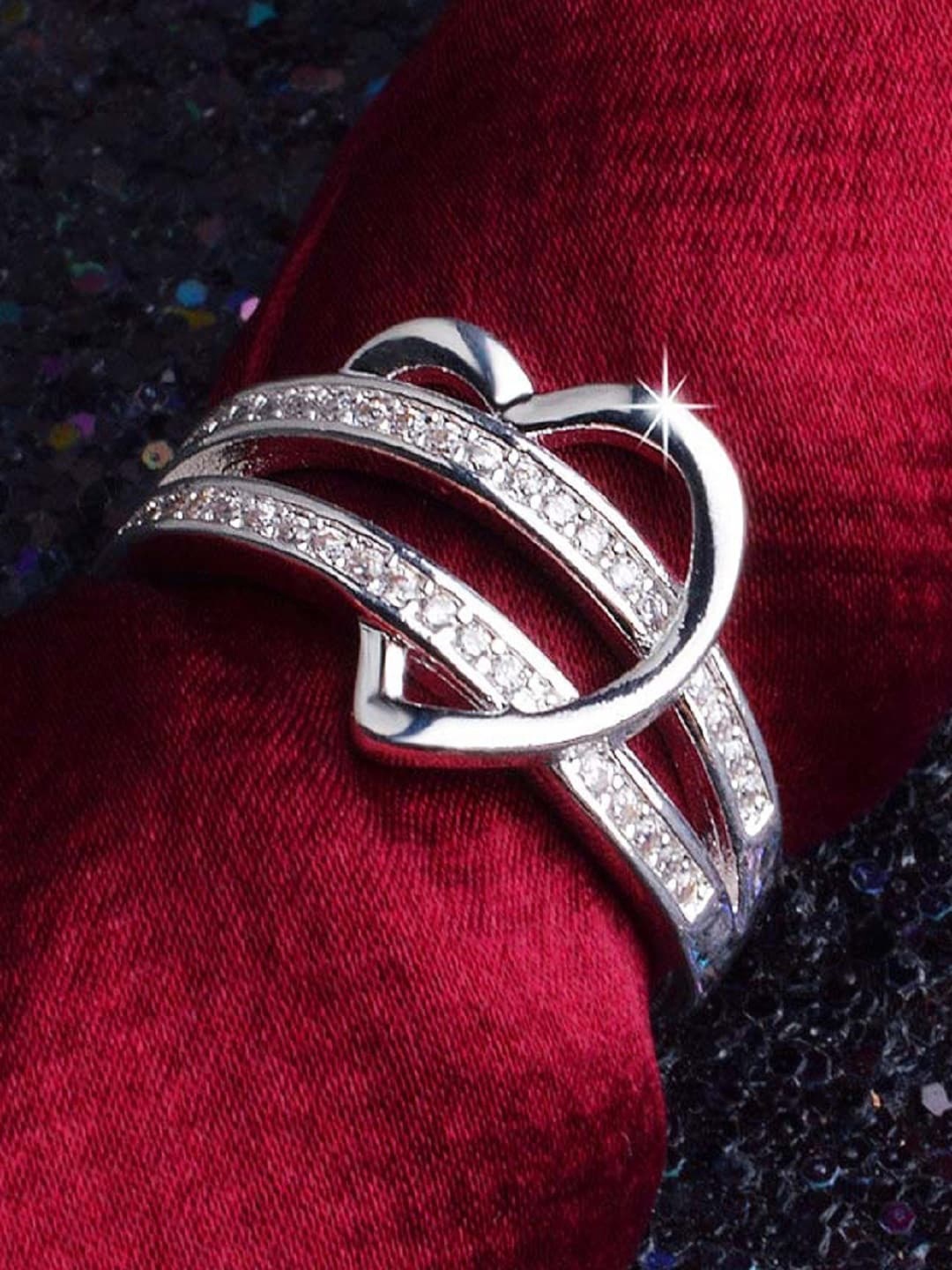 

OOMPH Silver-Toned CZ-Studded Heart Shaped Engagement Proposal Finger Ring