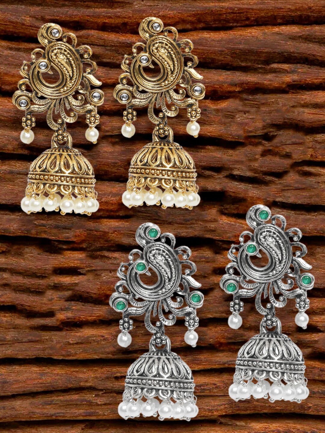 

OOMPH Gold-Toned & Silver-Toned Pack Of 2 Peacock Shaped Jhumkas Earrings