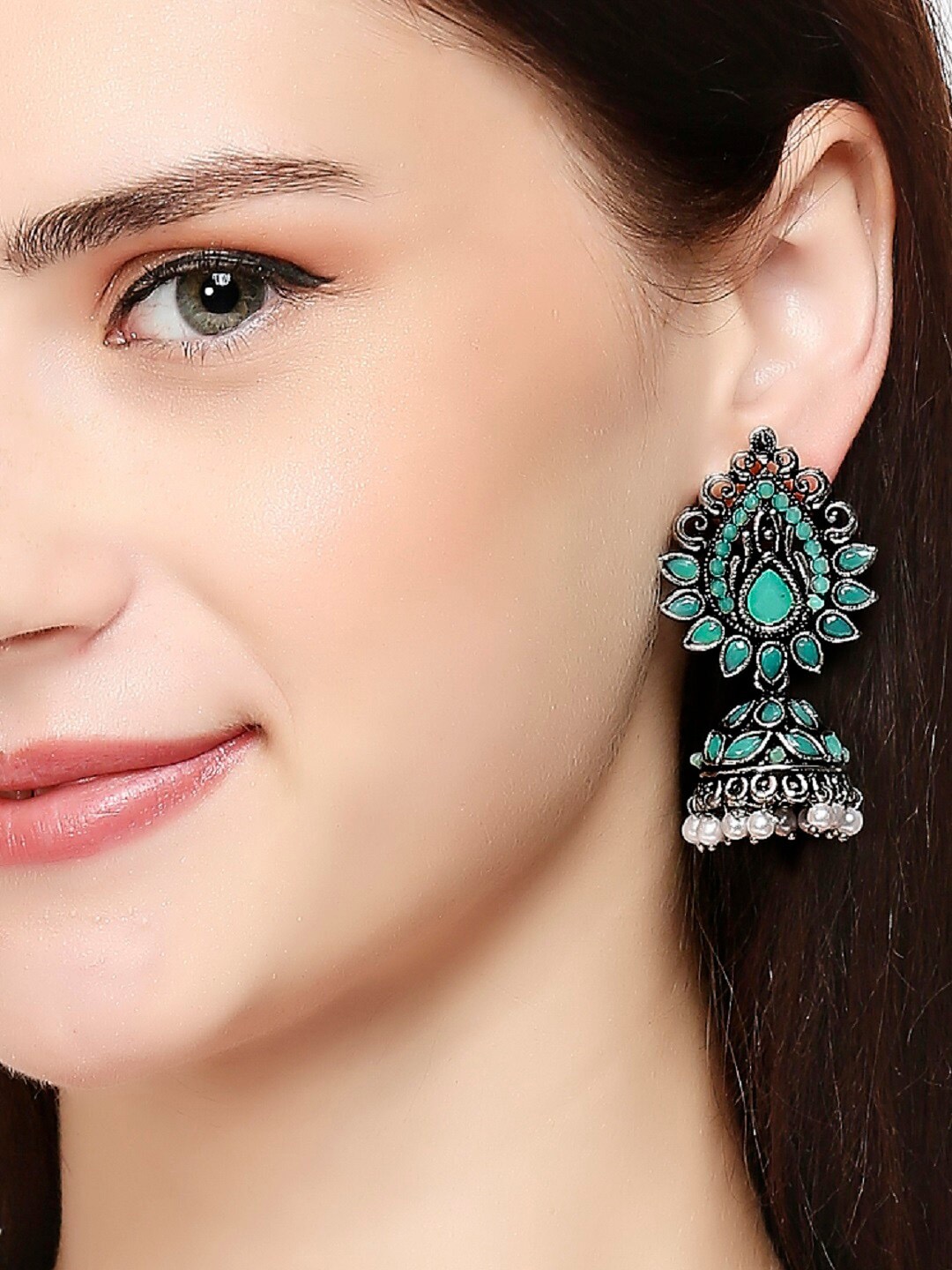 

OOMPH Silver-Toned & Sea Green Classic Jhumkas Earrings