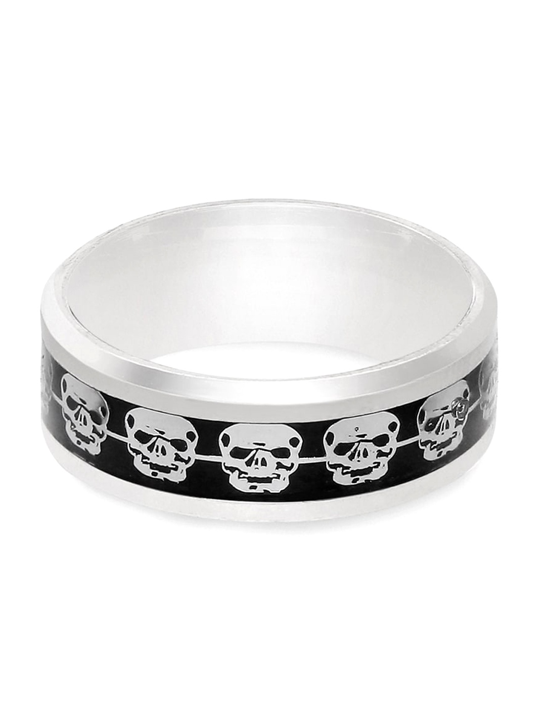 

OOMPH Men Silver-Toned & Black Titanium Puck Skull Broad Band Finger Ring