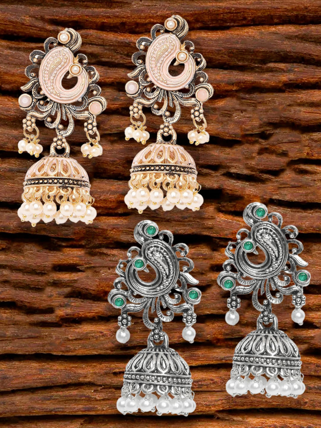 

OOMPH Gold-Toned & Silver-Toned Pack Of 2 Peacock Shaped Jhumkas Earrings