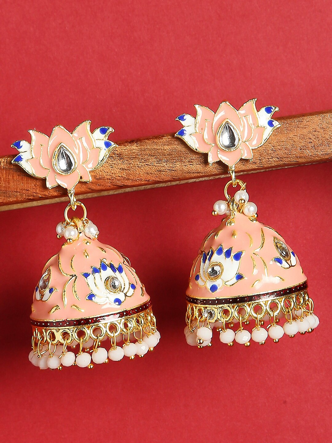 

OOMPH Peach-Coloured & Blue Floral Jhumkas Earrings