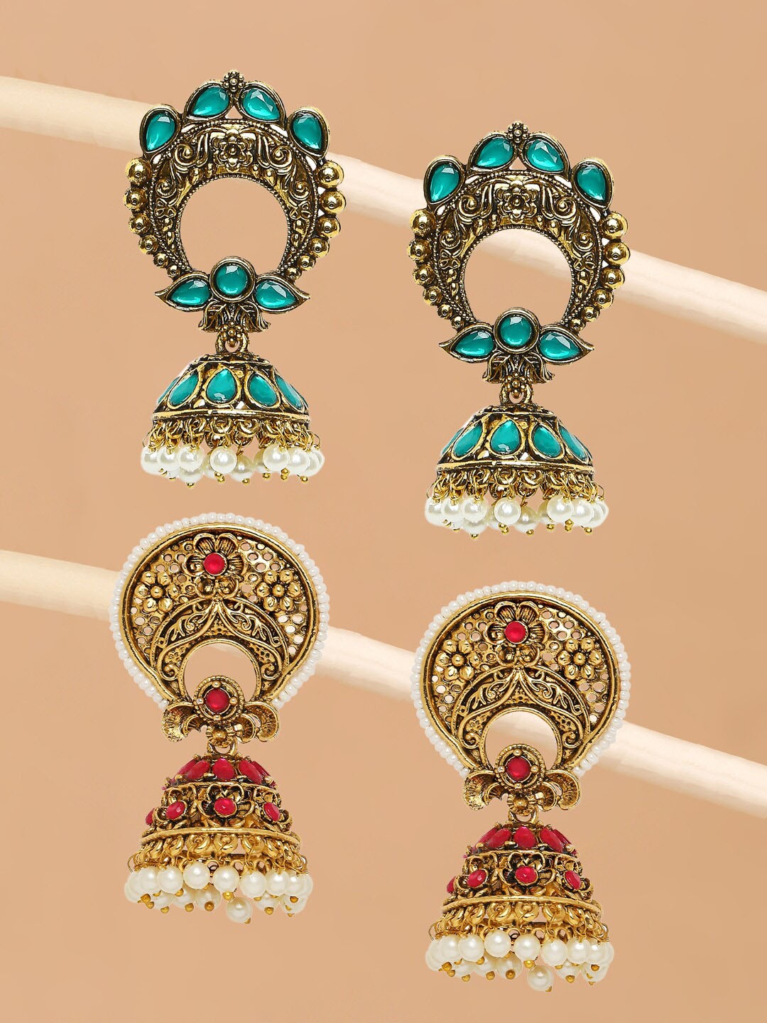 

OOMPH Gold-Toned & Green Pack Of 2 Classic Jhumkas Earrings