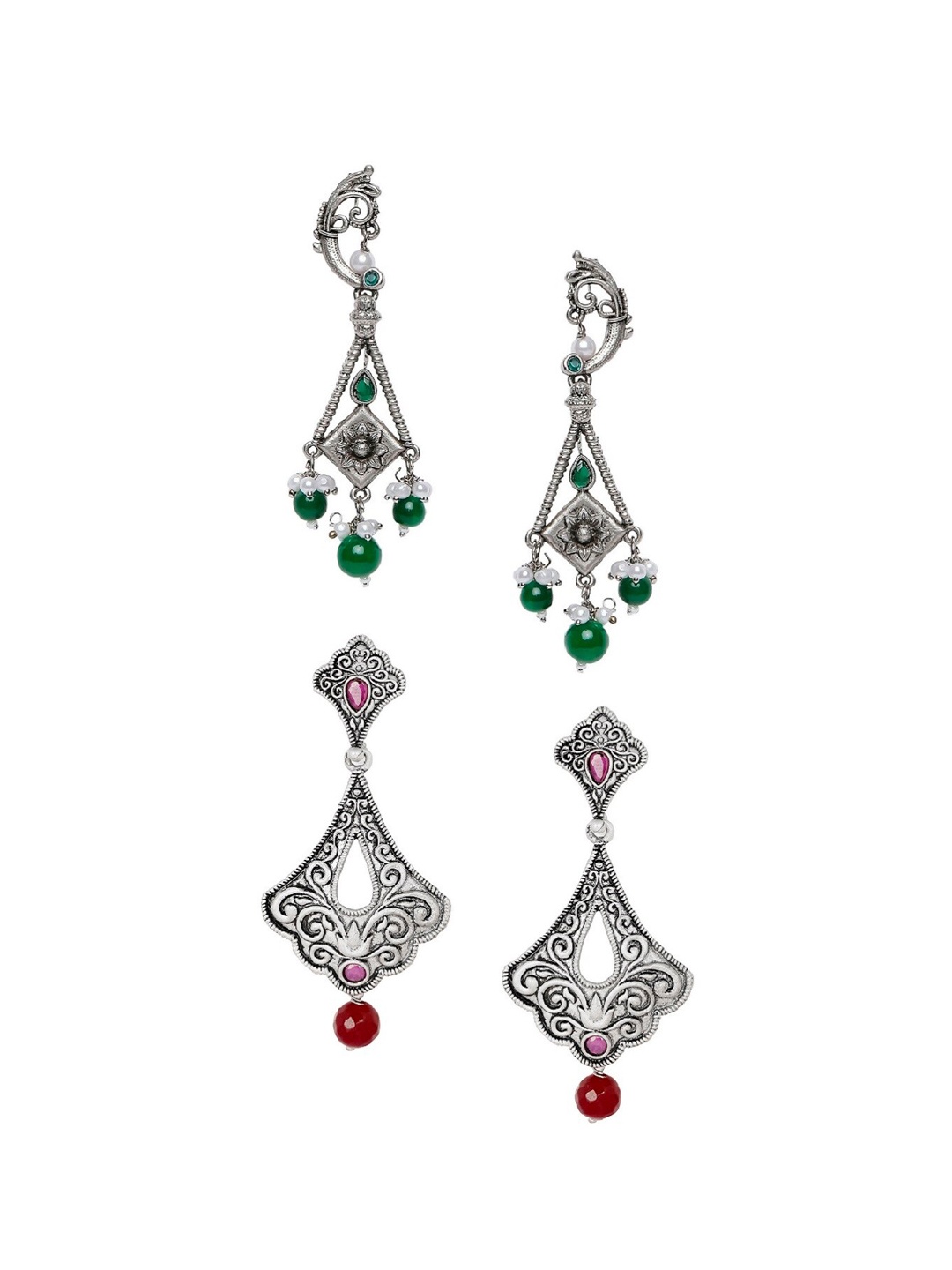 

OOMPH Pack Of 2 Silver-Toned & Green Classic Drop Earrings