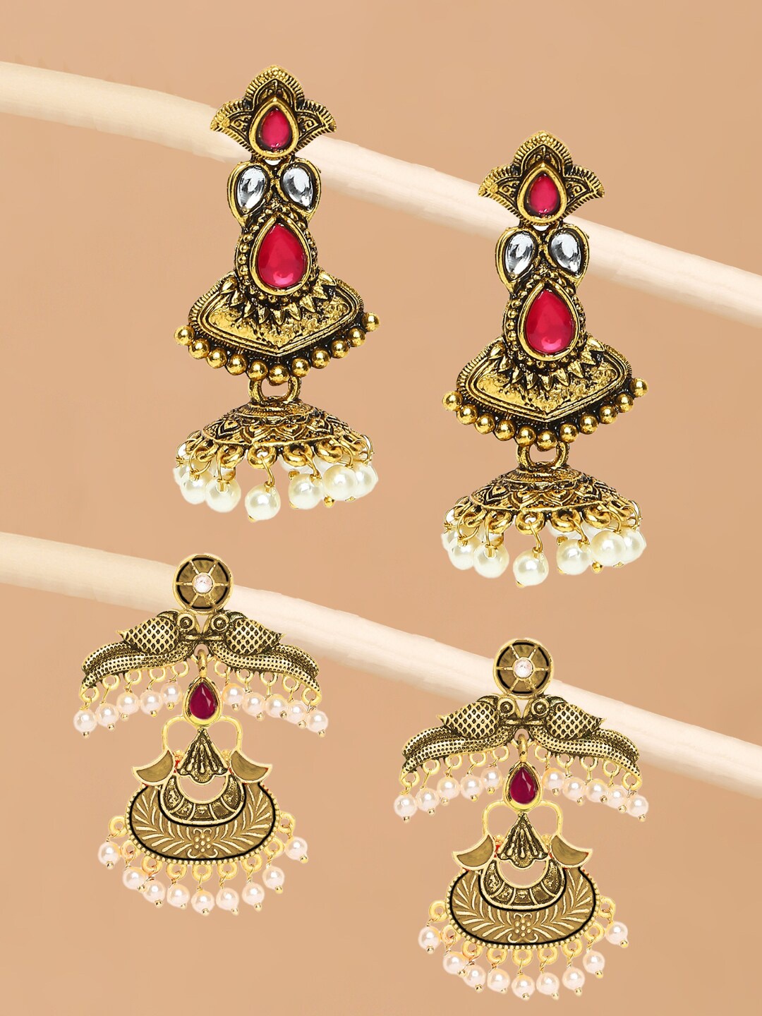 

OOMPH Pack Of 2 Gold-Toned & Red Classic Jhumkas Earrings