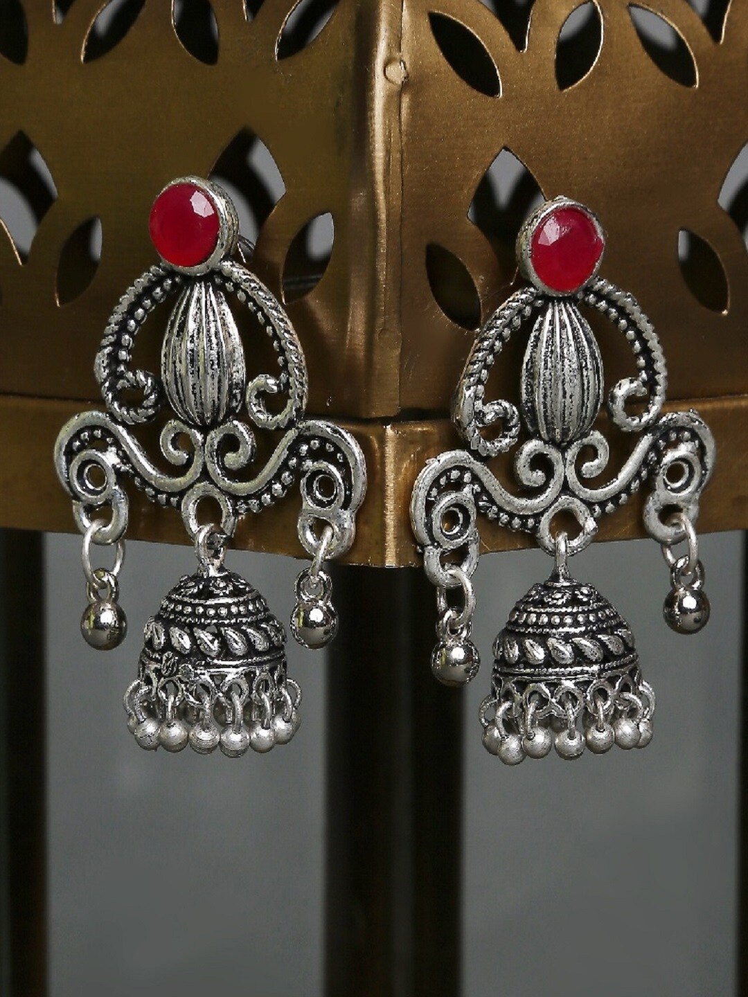 

OOMPH Silver-Toned & Red Contemporary Jhumkas Earrings