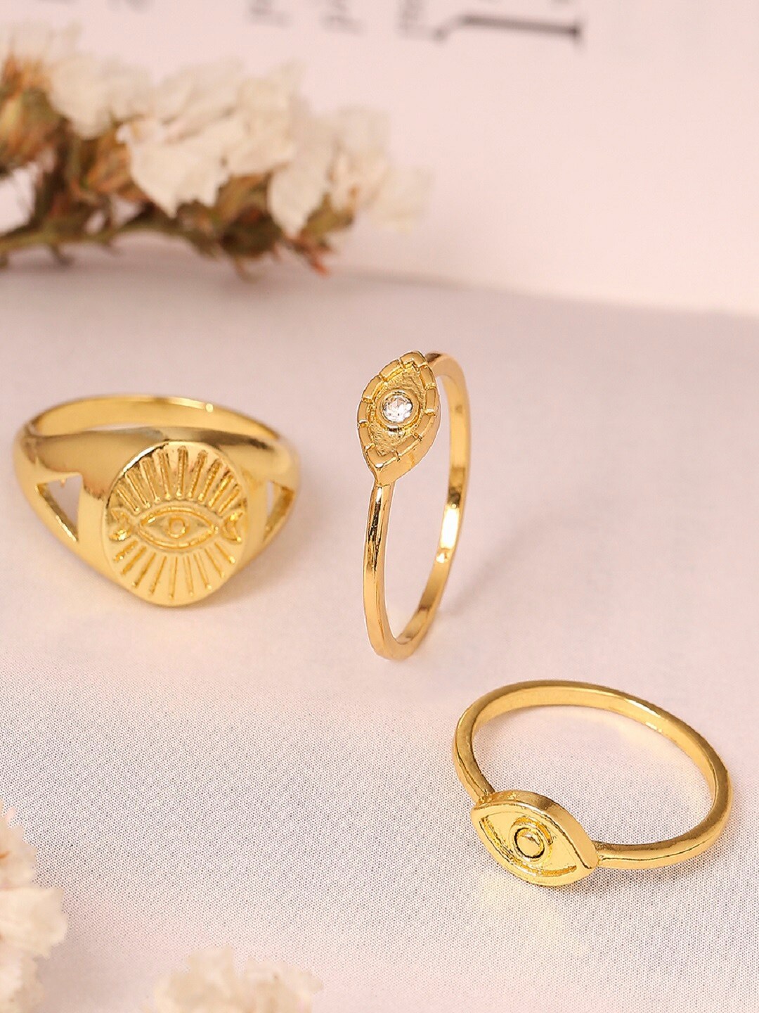 

OOMPH Set Of 3 Gold-Toned White Stone-Studded Designed Finger Ring