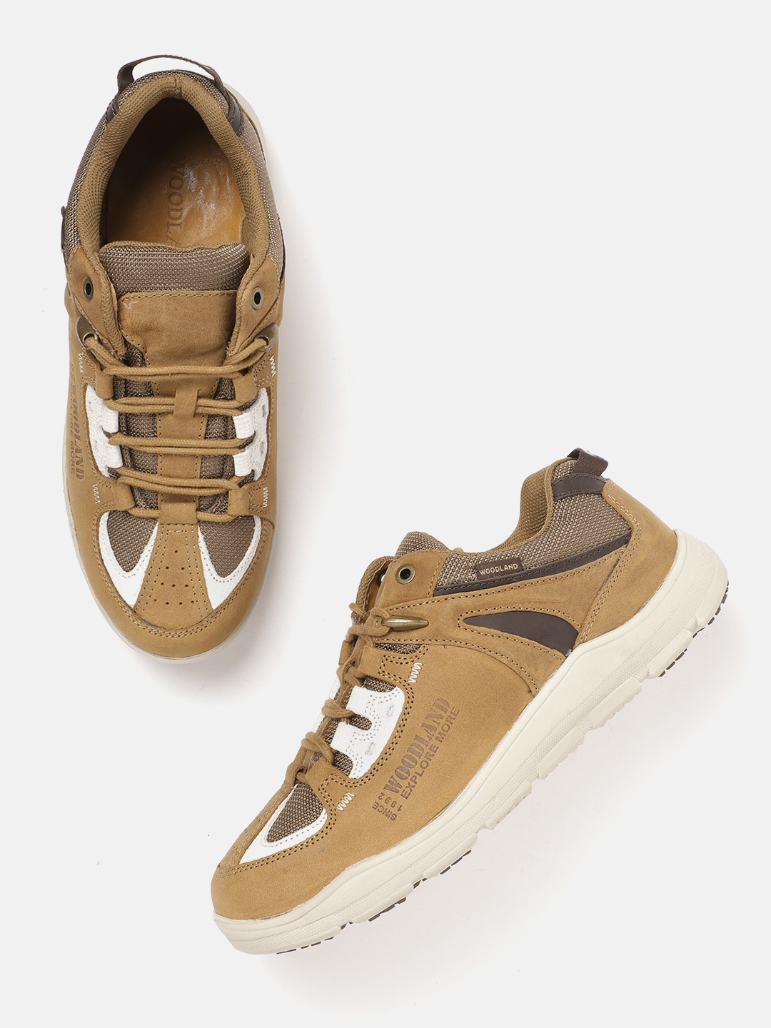 

Woodland Men Tan Brown & White Colourblocked Leather Sneakers