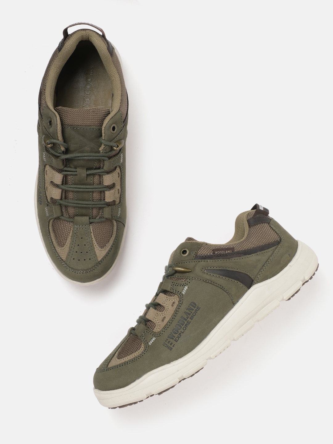 

Woodland Men Olive Green & Brown Colourblocked Leather Sneakers