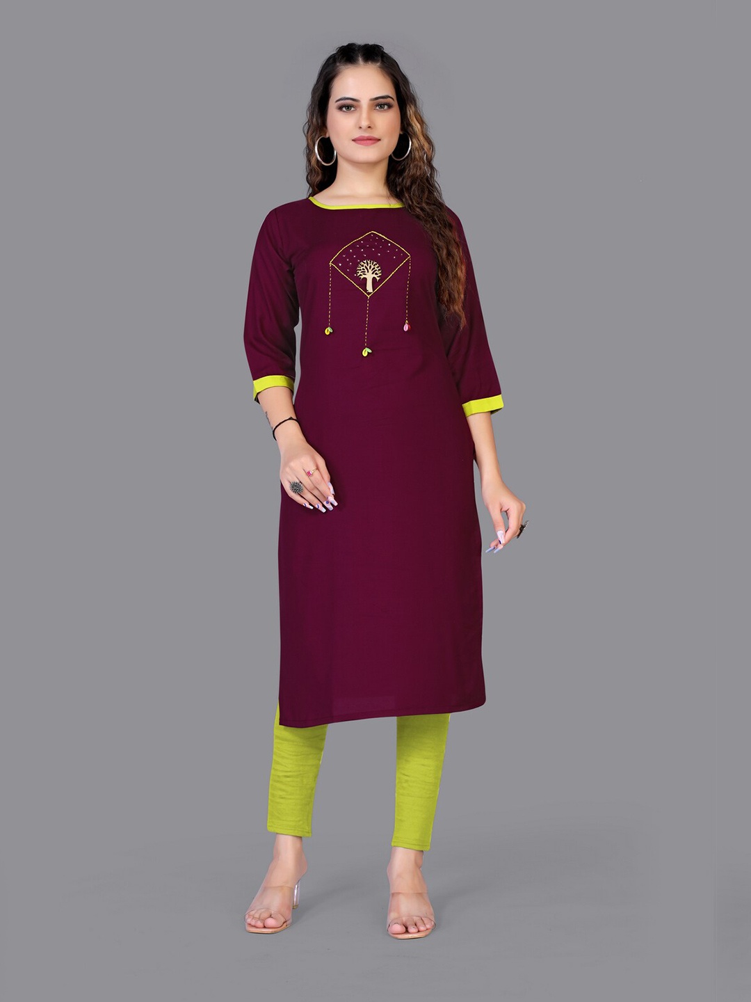 

Fashion FRICKS Women Burgundy Quirky Embroidered Kurta