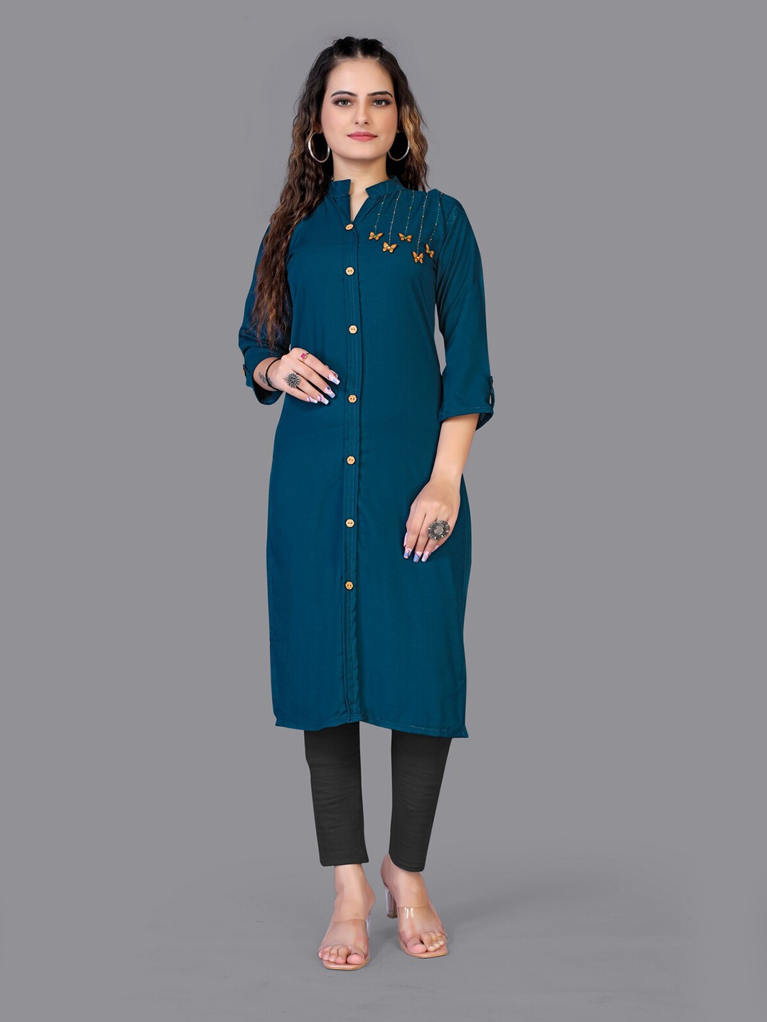 

Fashion FRICKS Women Teal Quirky Embroidered Thread Work Quirky Kurta