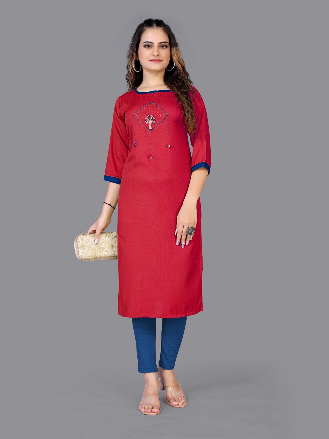 

Fashion FRICKS Women Pink & Blue Embroidered Thread Work Quirky Kurta