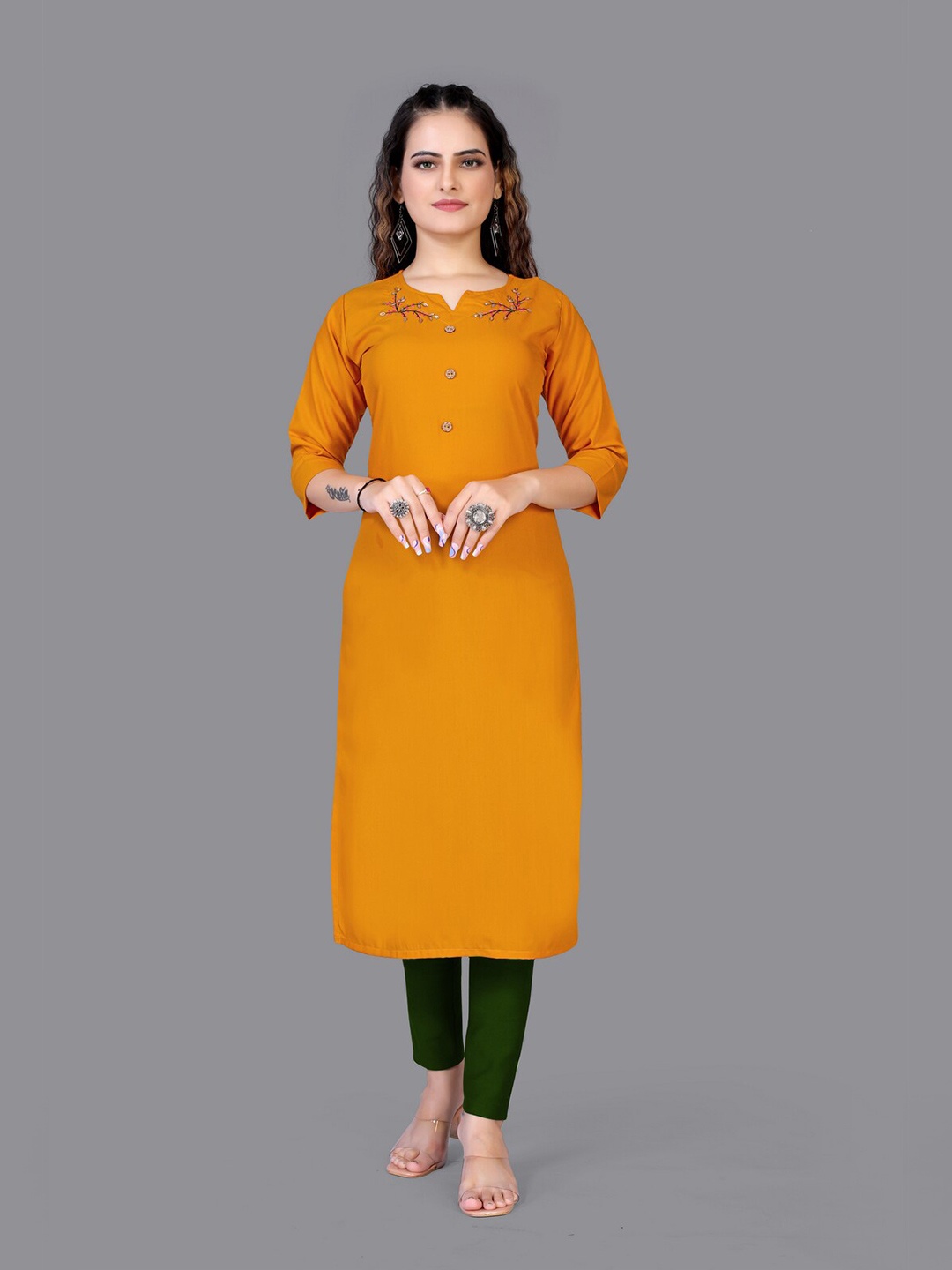 

Fashion FRICKS Women Mustard Yellow Embroidered Thread Work Floral Kurta