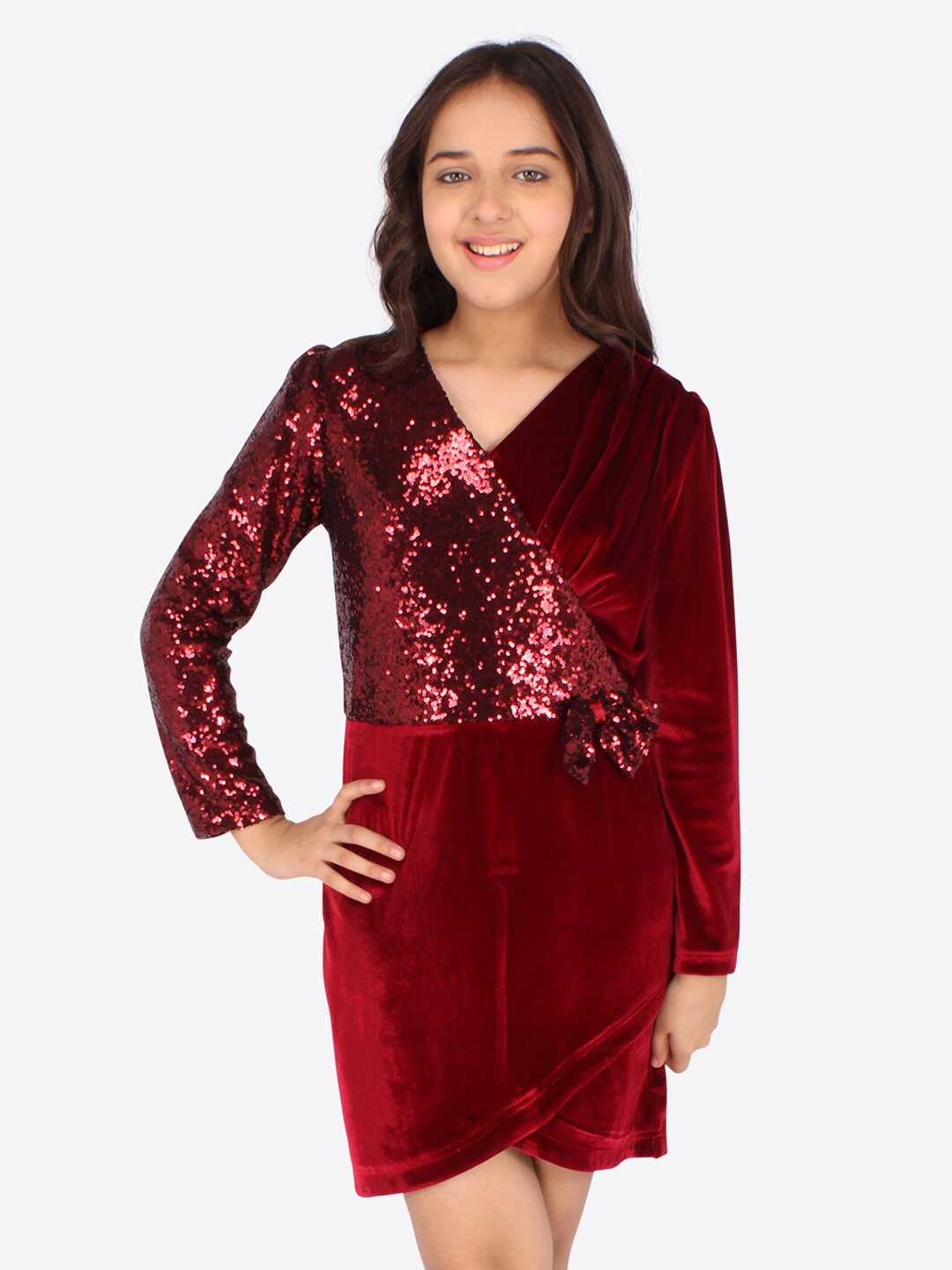 

CUTECUMBER Maroon Embellished Sequined Velvet Dress